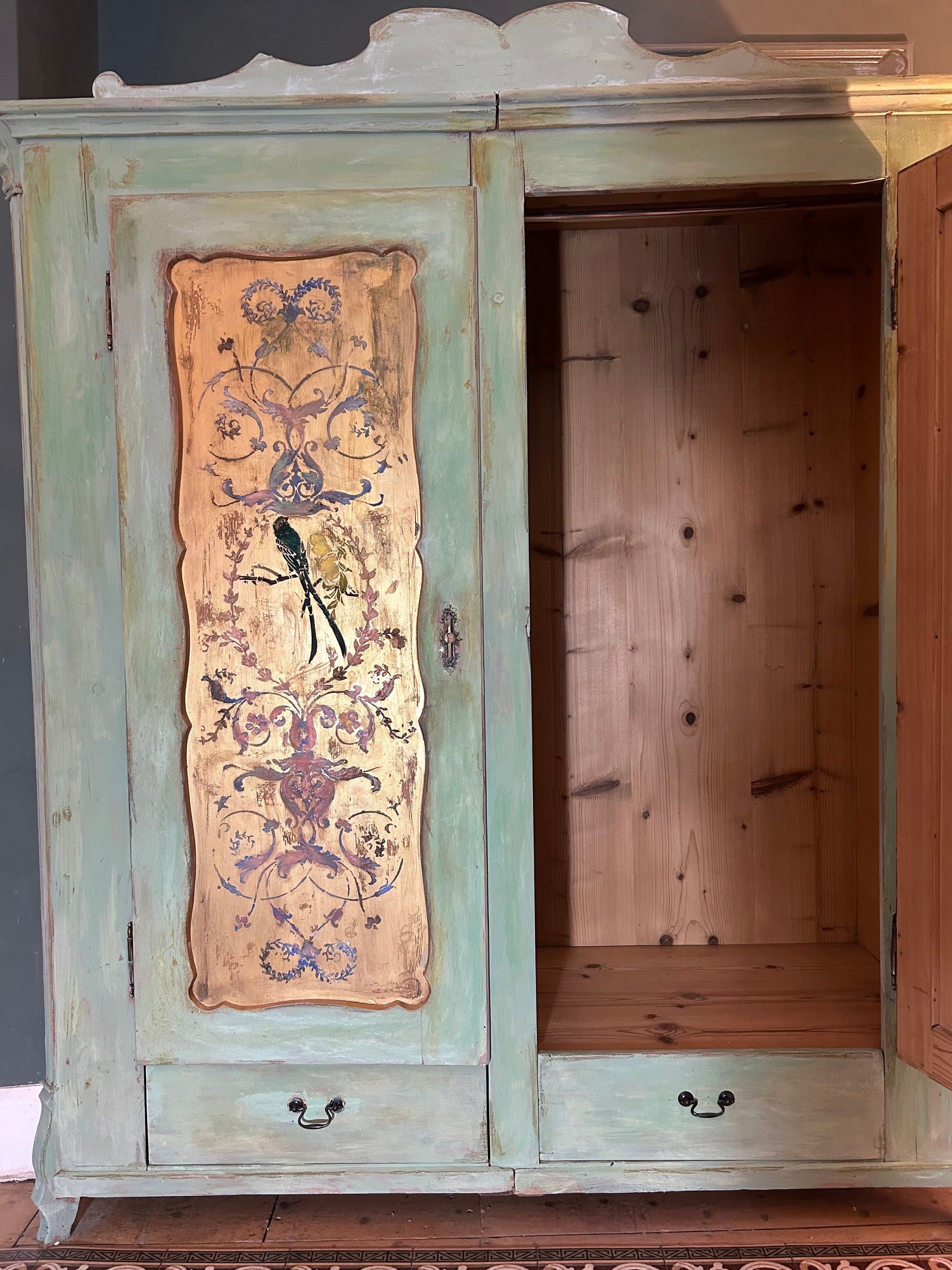 Vintage Painted Pine Wardrobe with Chinoiserie Panels