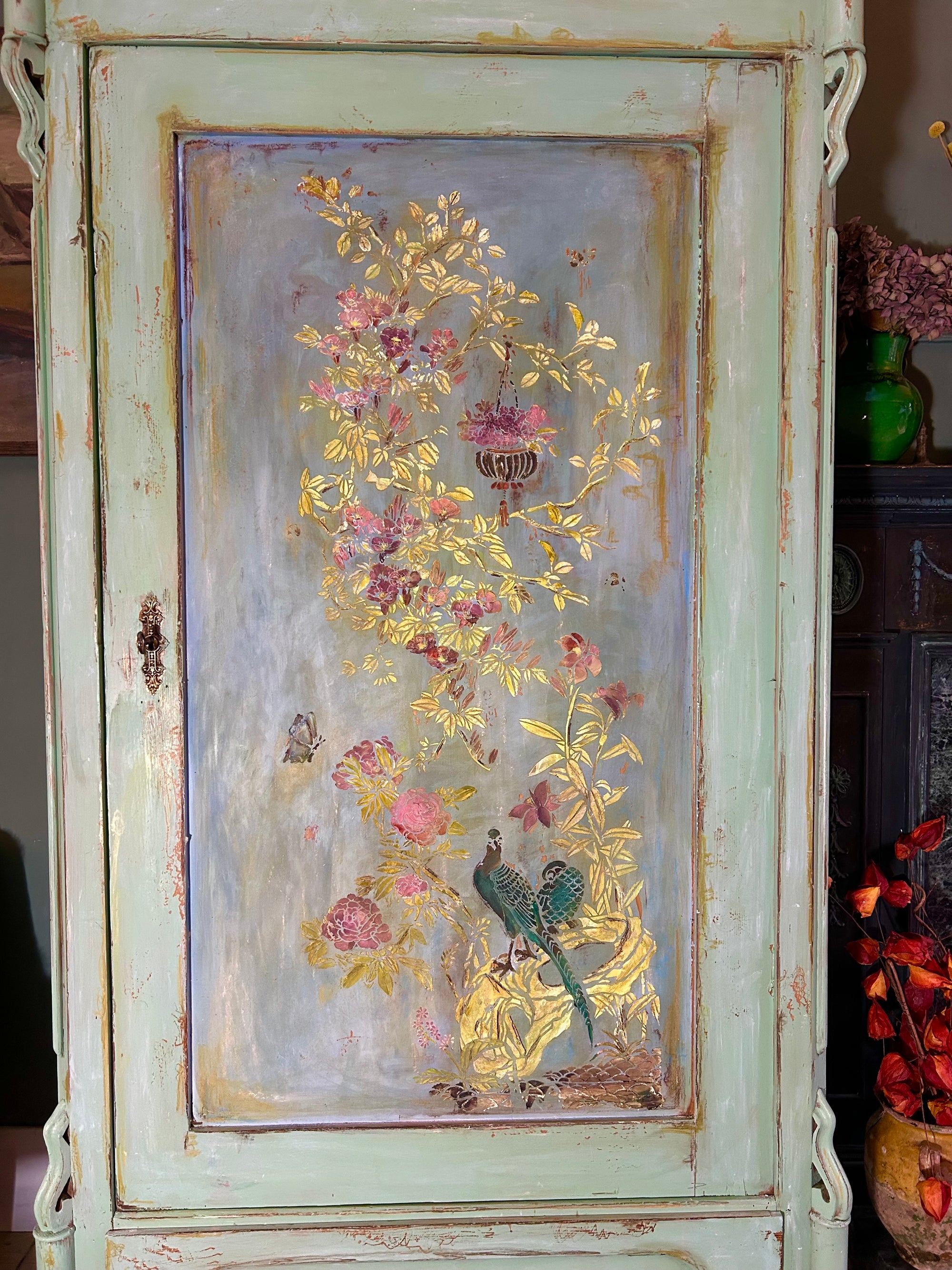 Antique Painted Armoire with Inlaid Chinoiserie