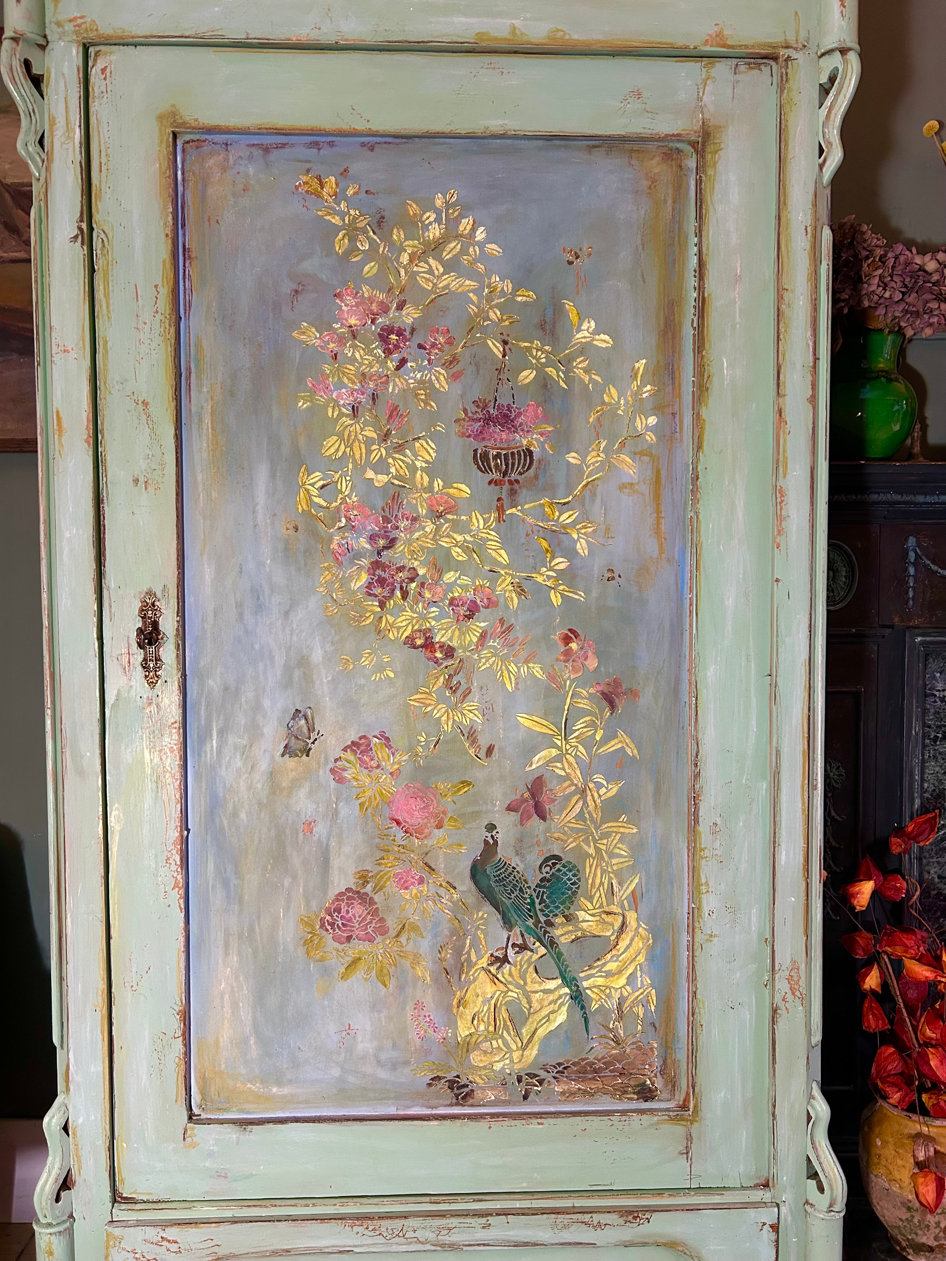 Antique Painted Armoire with Inlaid Chinoiserie