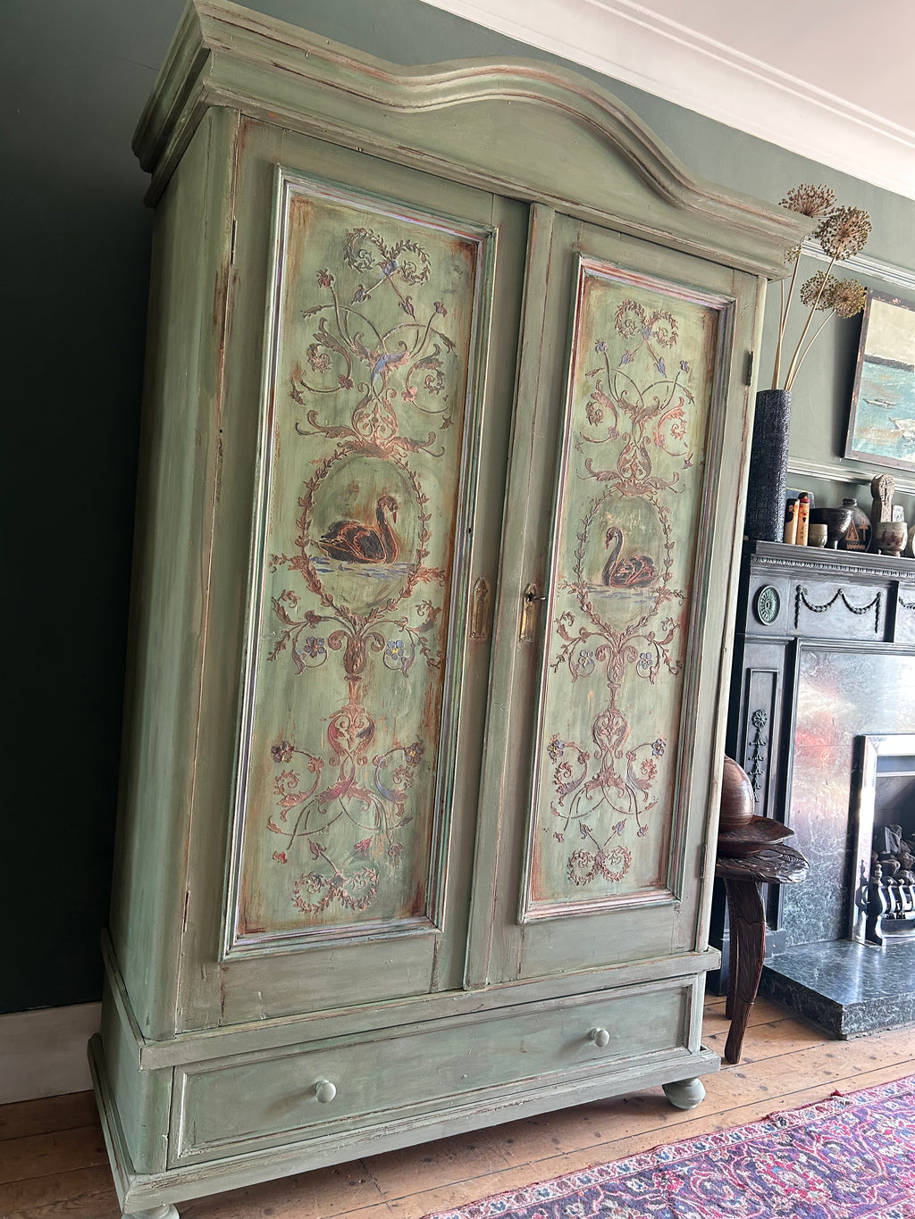 Painted Pine French Wardrobe with Chinoiserie Black Swan