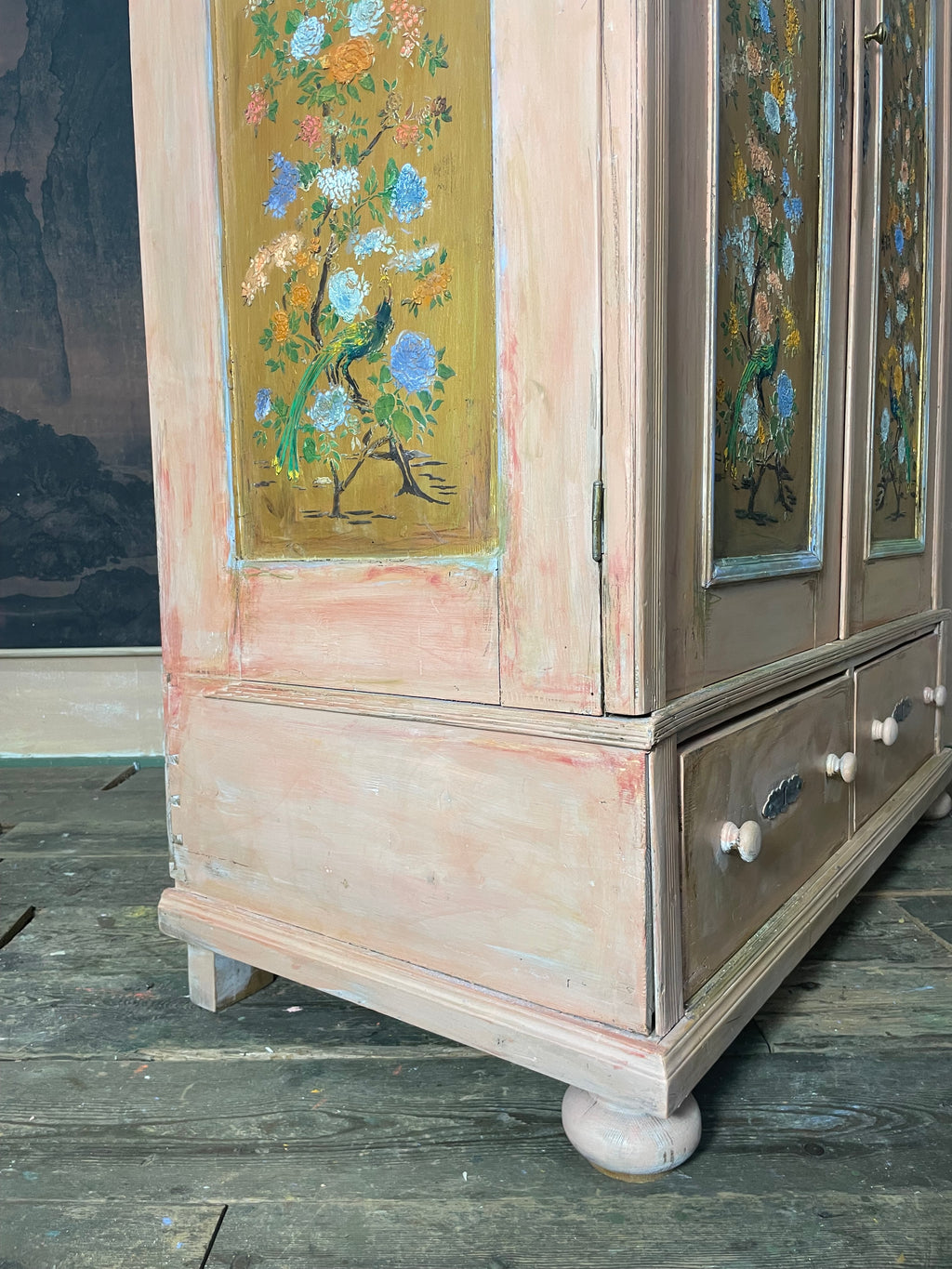 Vintage/ Antique Painted Pine Wardrobe with Inlaid Chinoiserie Panels