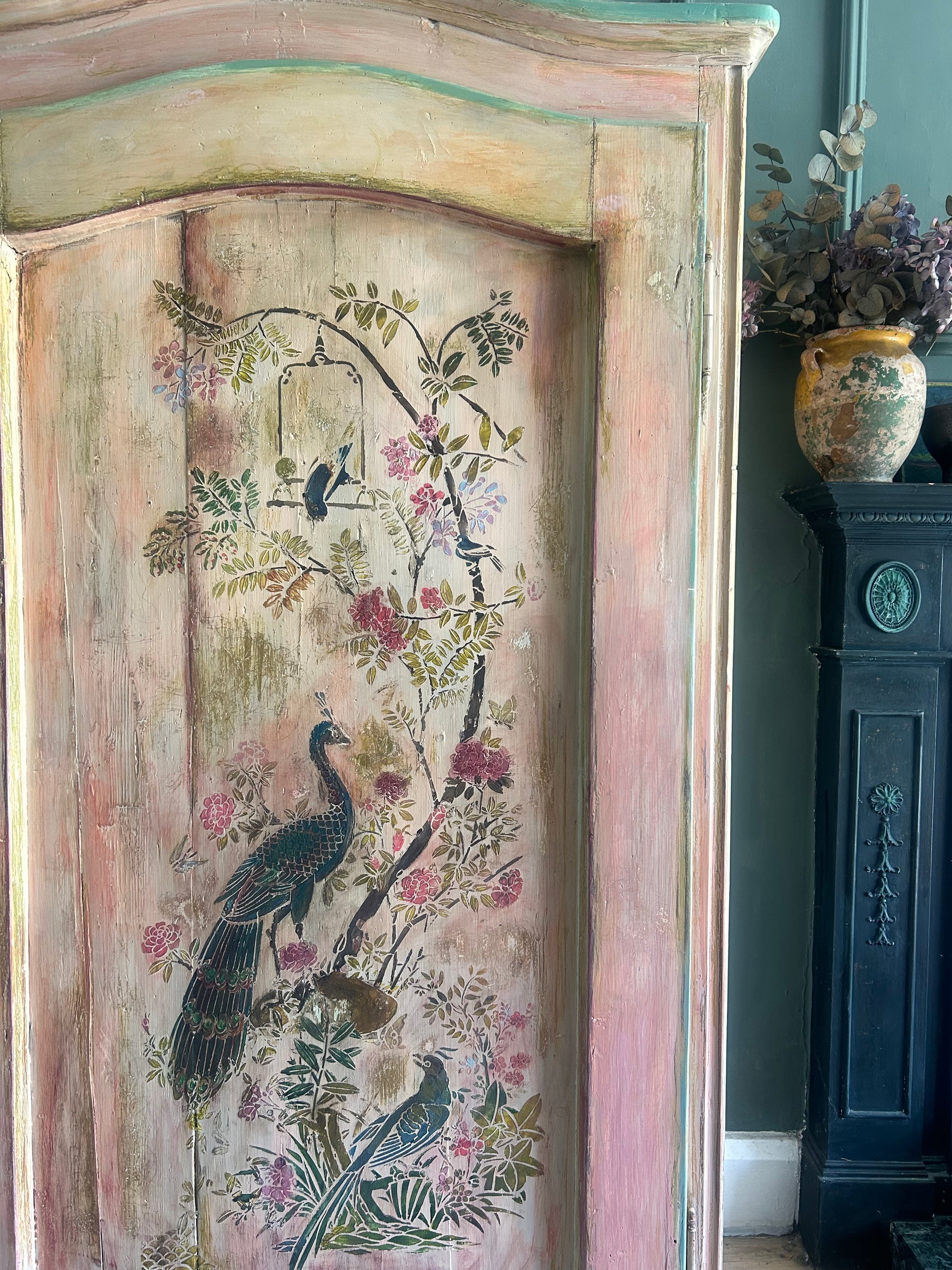 Vintage French Linen Press /Wardrobe with Inlaid Chinoiserie