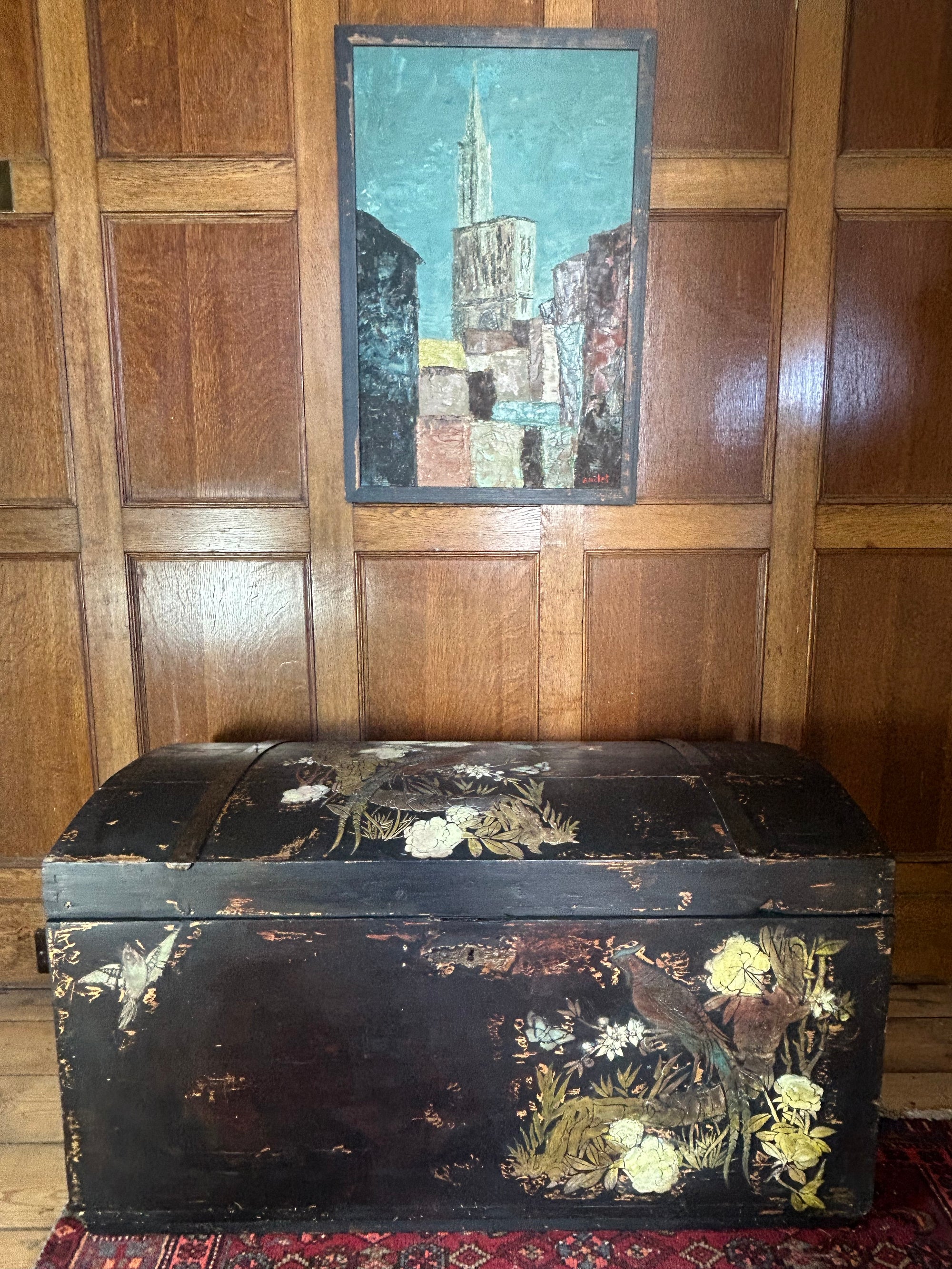 Vintage Painted Pine Blanket Box with Inlaid Chinoiserie