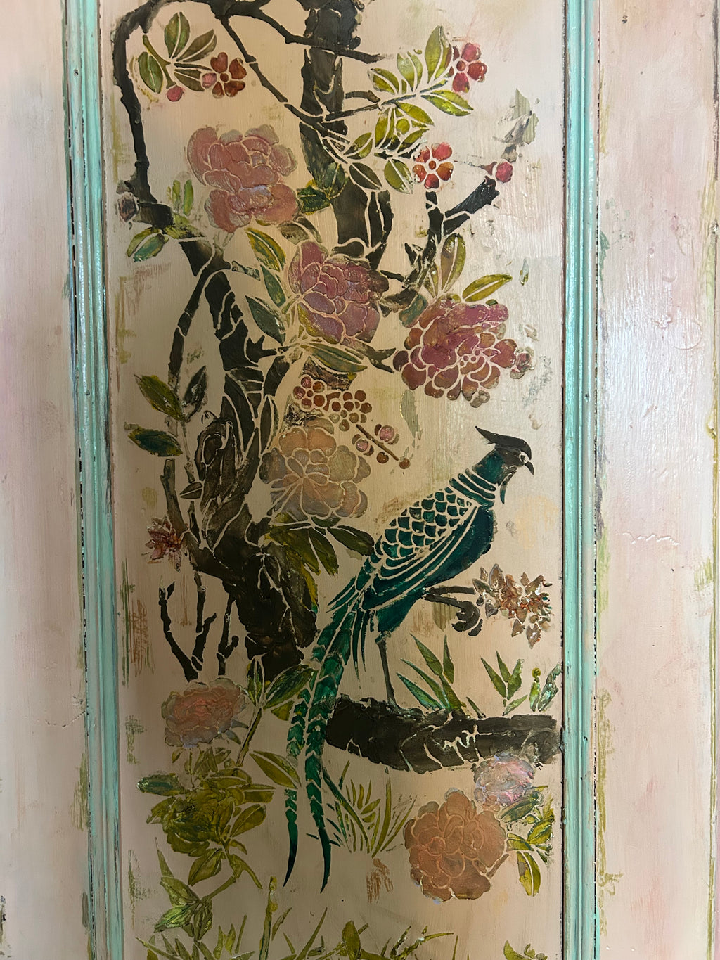 Vintage Painted Pine Wardrobe with Inlaid Chinoiserie