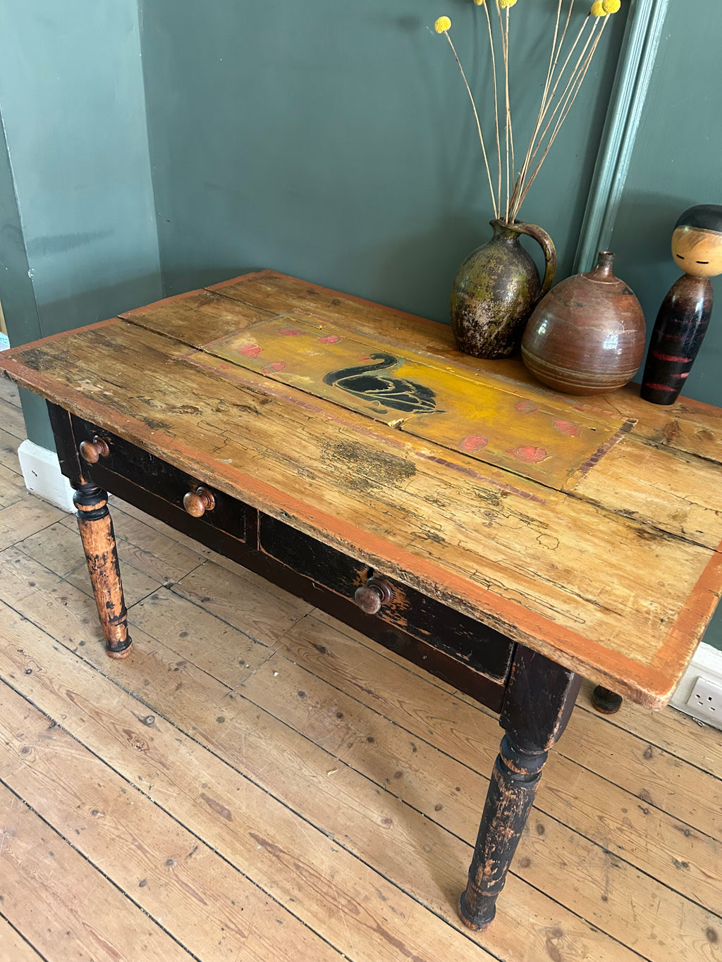 Vintage Pine console Table with Folk Art Sean Design