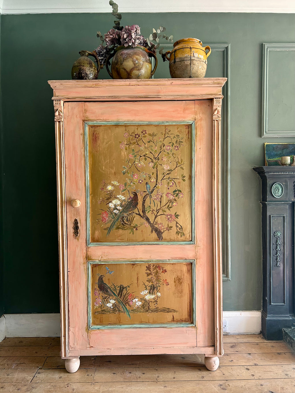Vintage Painted Pine Cupboard with Inlaid Chinoiserie