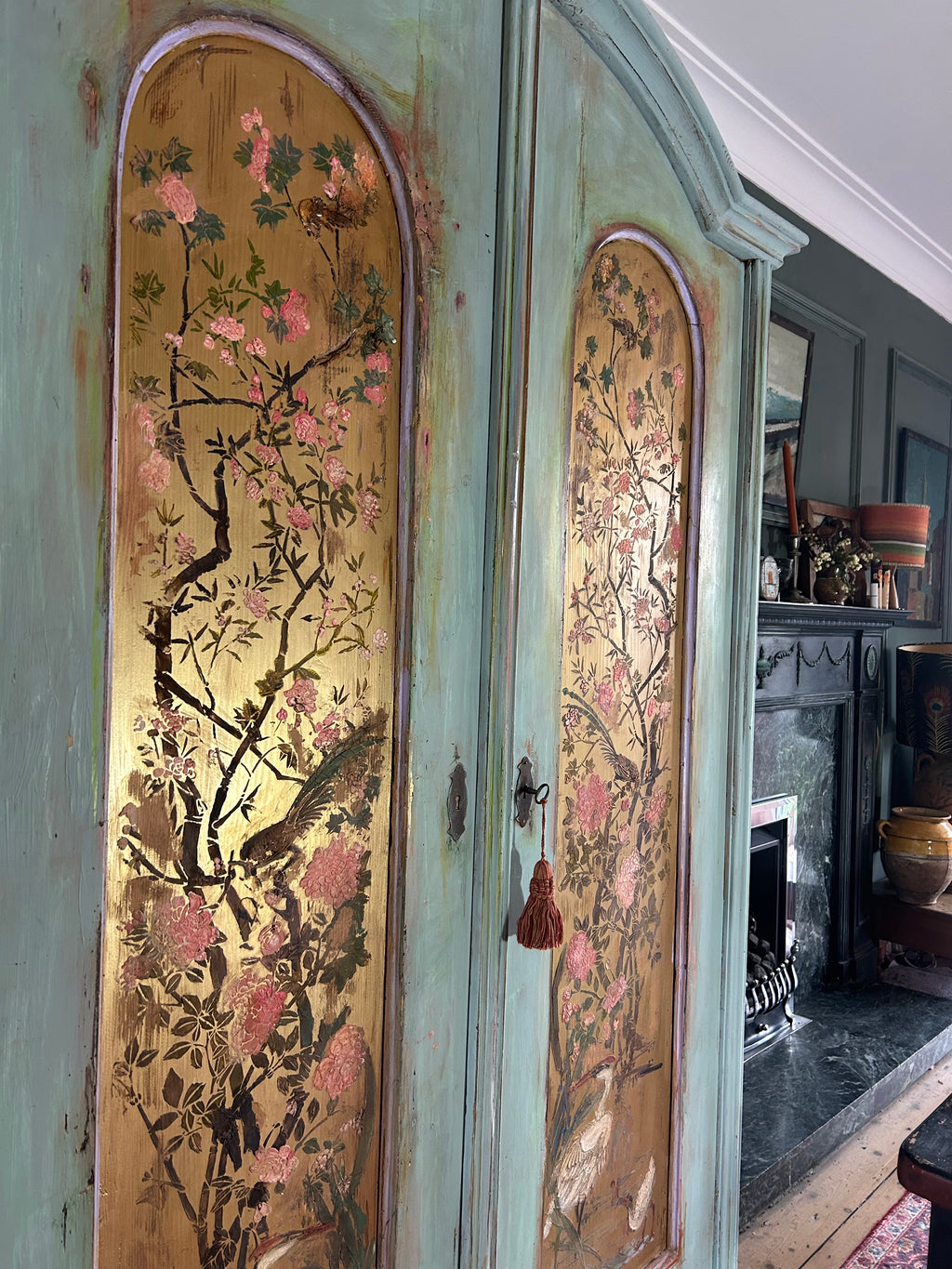 Antique Painted Wardrobe with Chinoiserie Panels