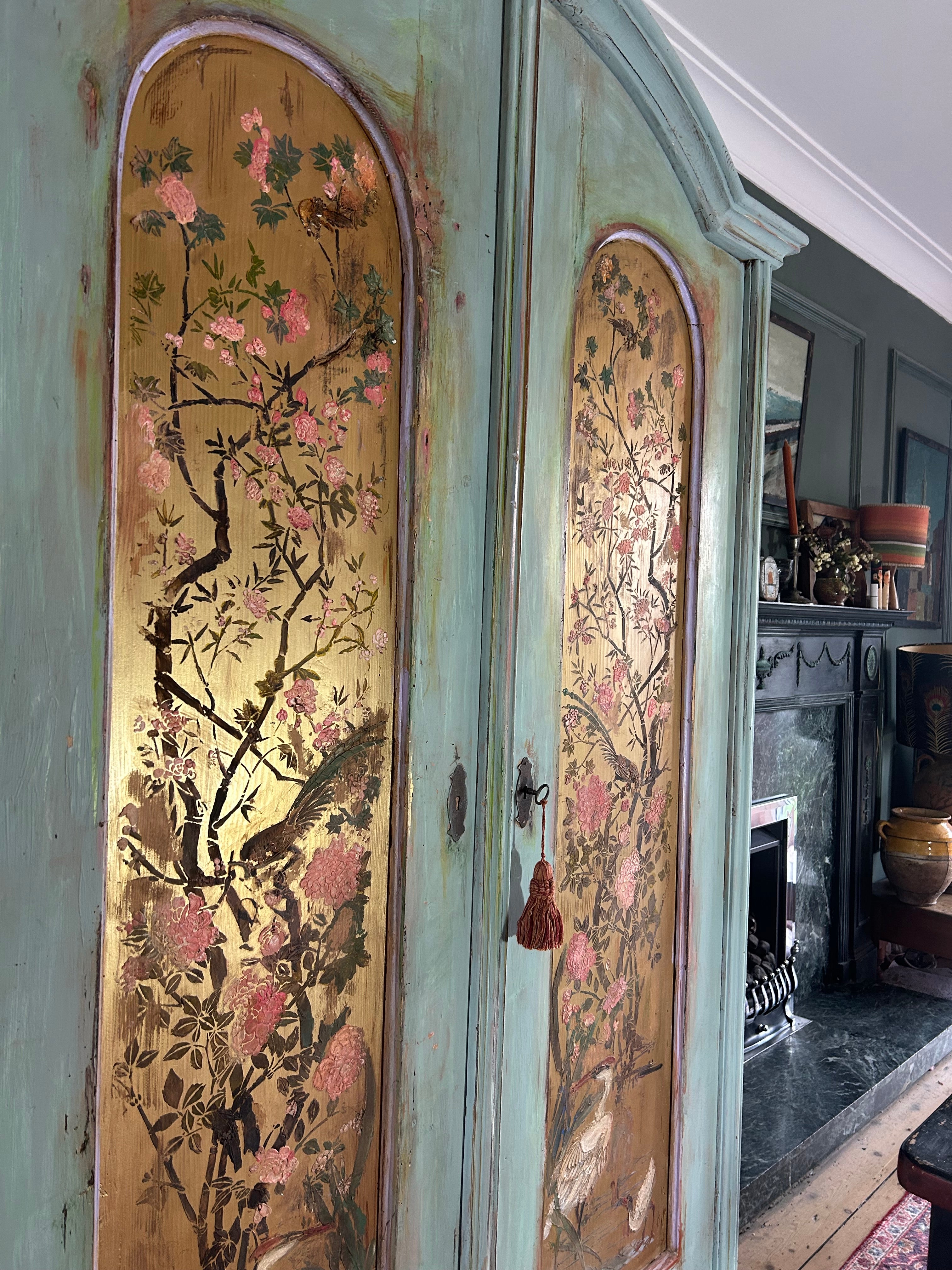 Antique Painted Wardrobe with Chinoiserie Panels