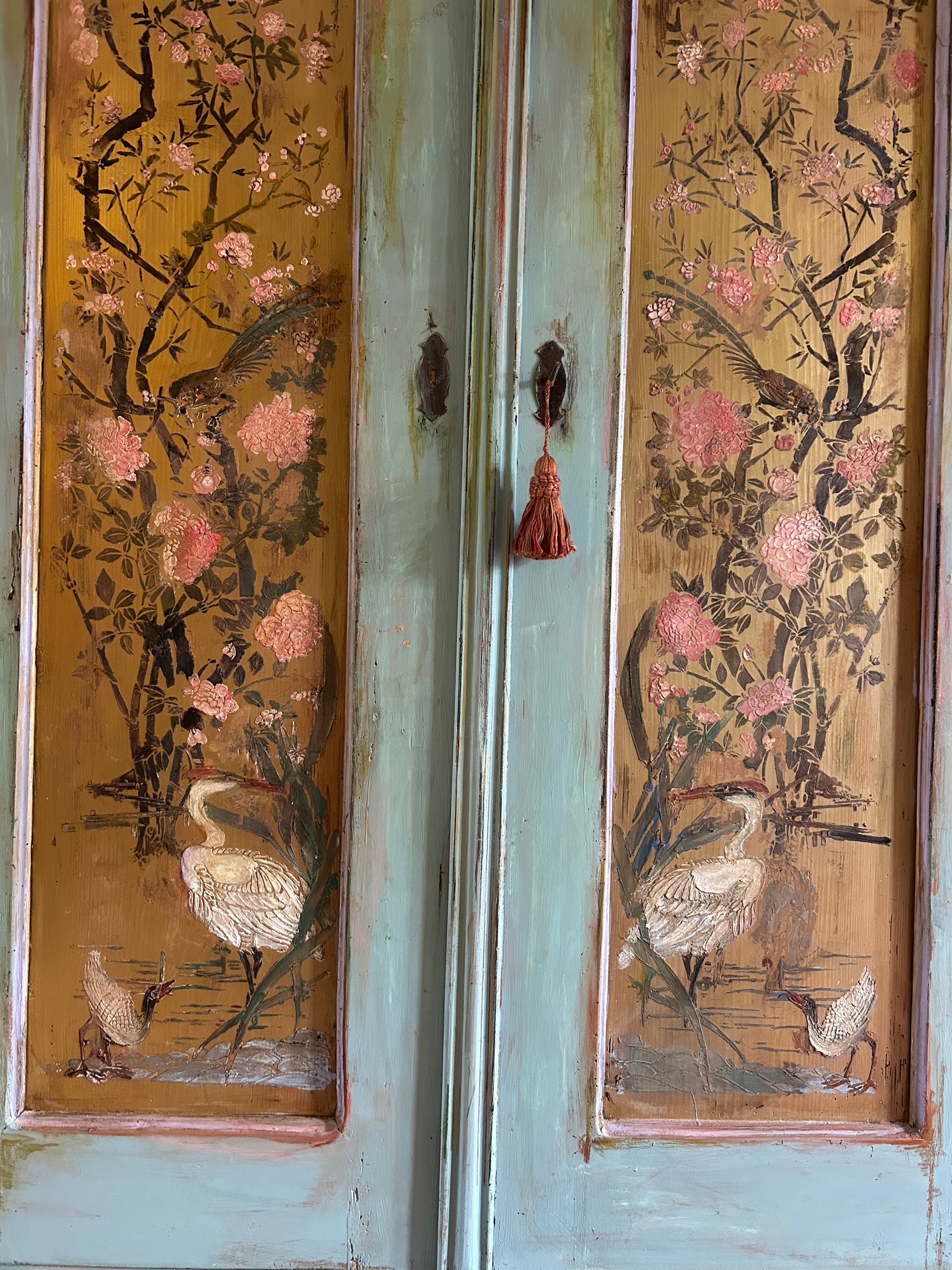 Antique Painted Wardrobe with Chinoiserie Panels