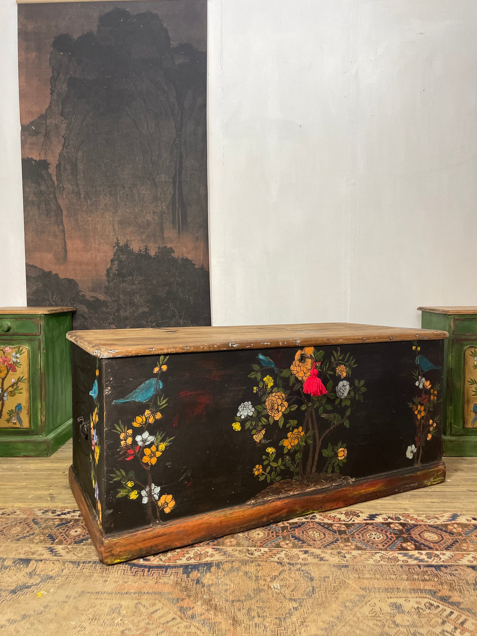 Vintage Painted Pine Blanket Box with Bird Chinoiserie