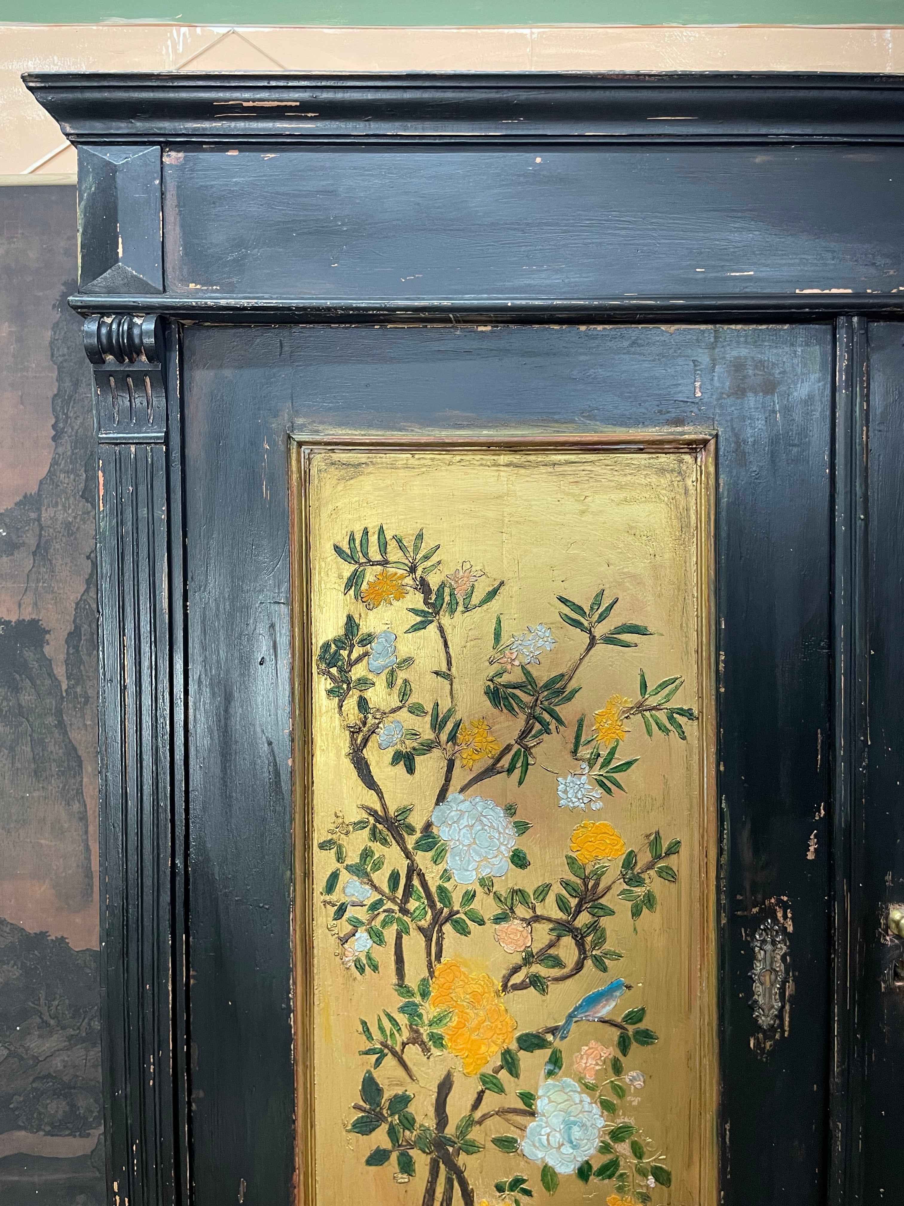 Vintage Painted Pine Wardrobe with Chinoiserie Panels