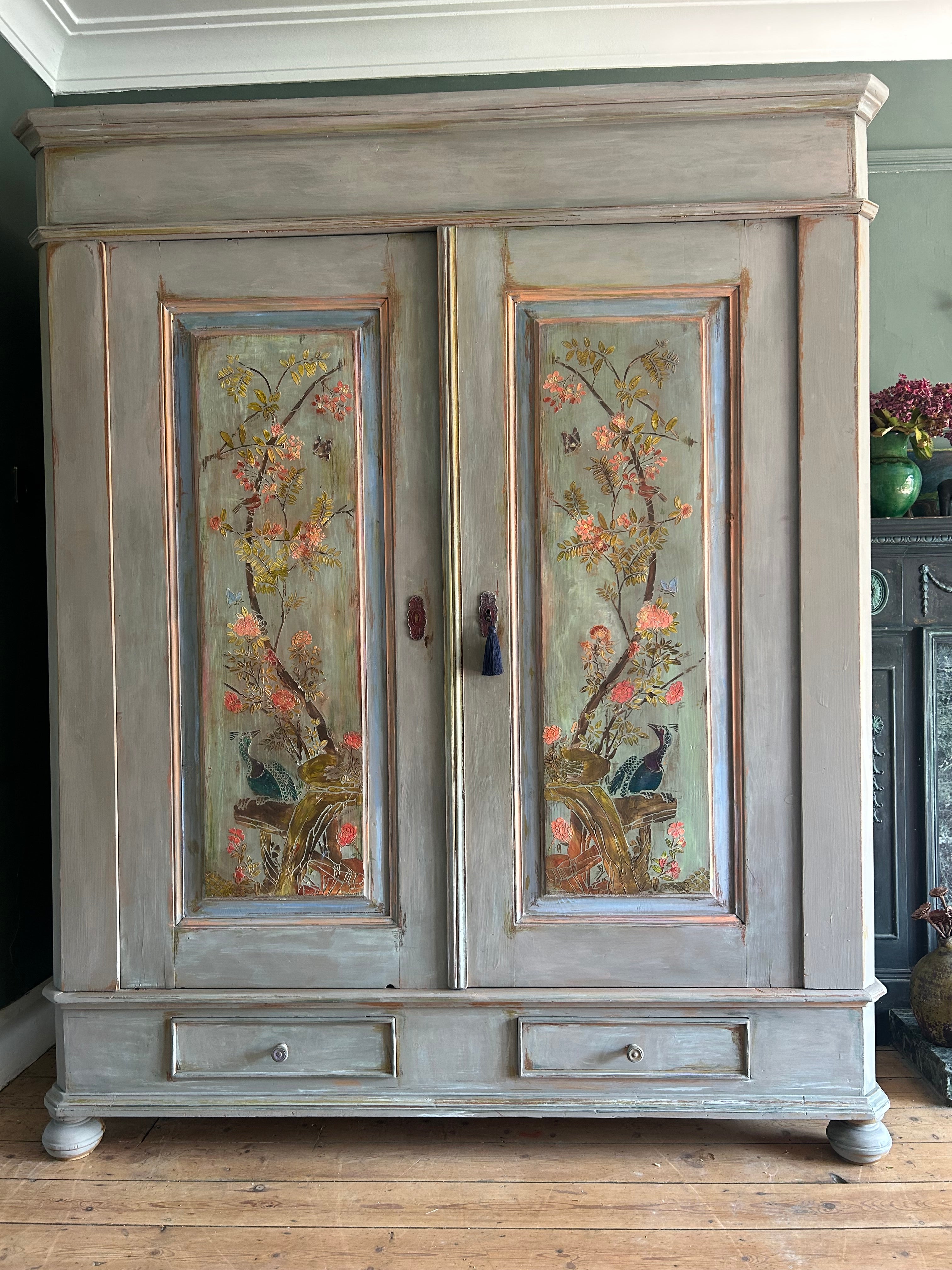 Vintage Painted Double wardrobe with Inlaid Chinoiserie