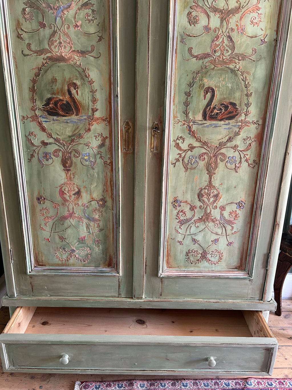 Painted Pine French Wardrobe with Chinoiserie Black Swan