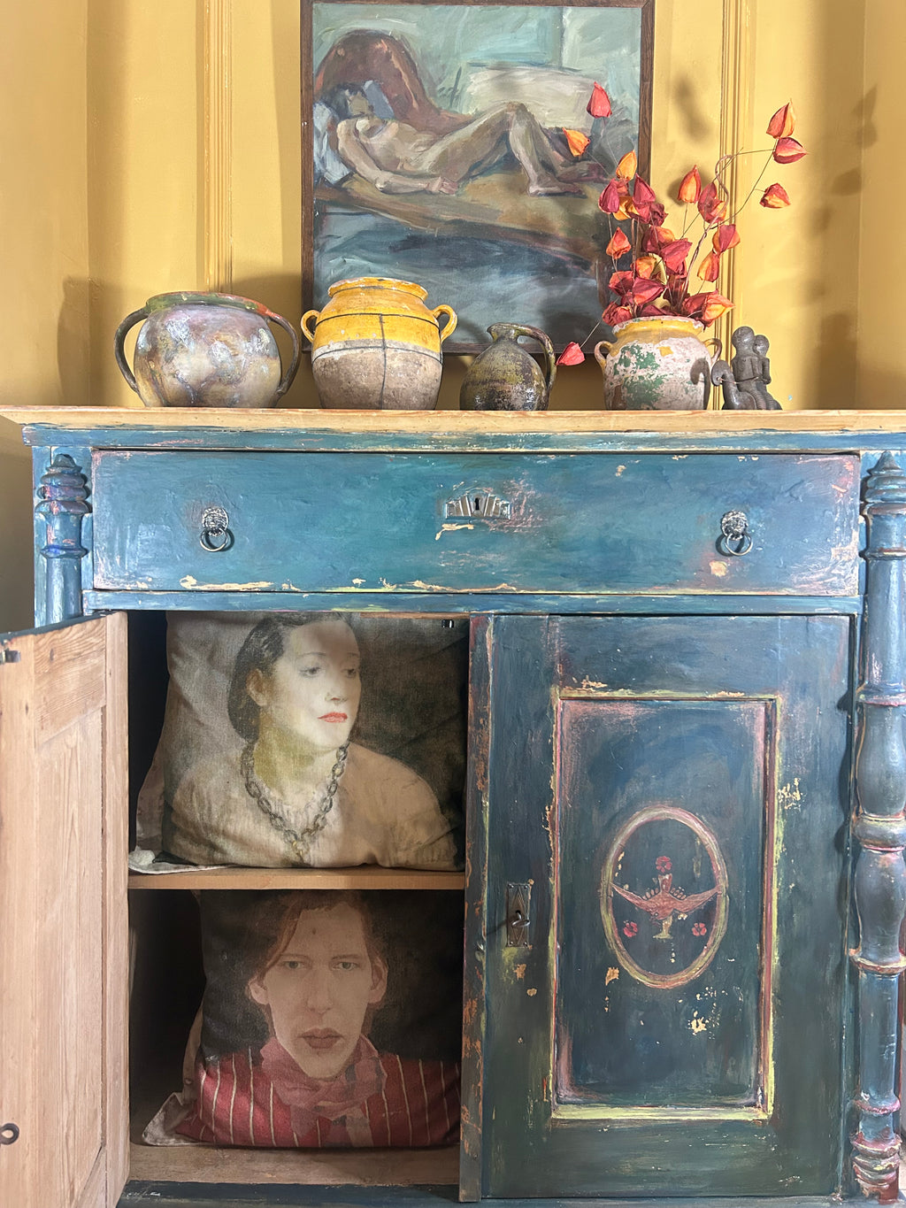 Antique Painted Linen Press with Folk Art Panels