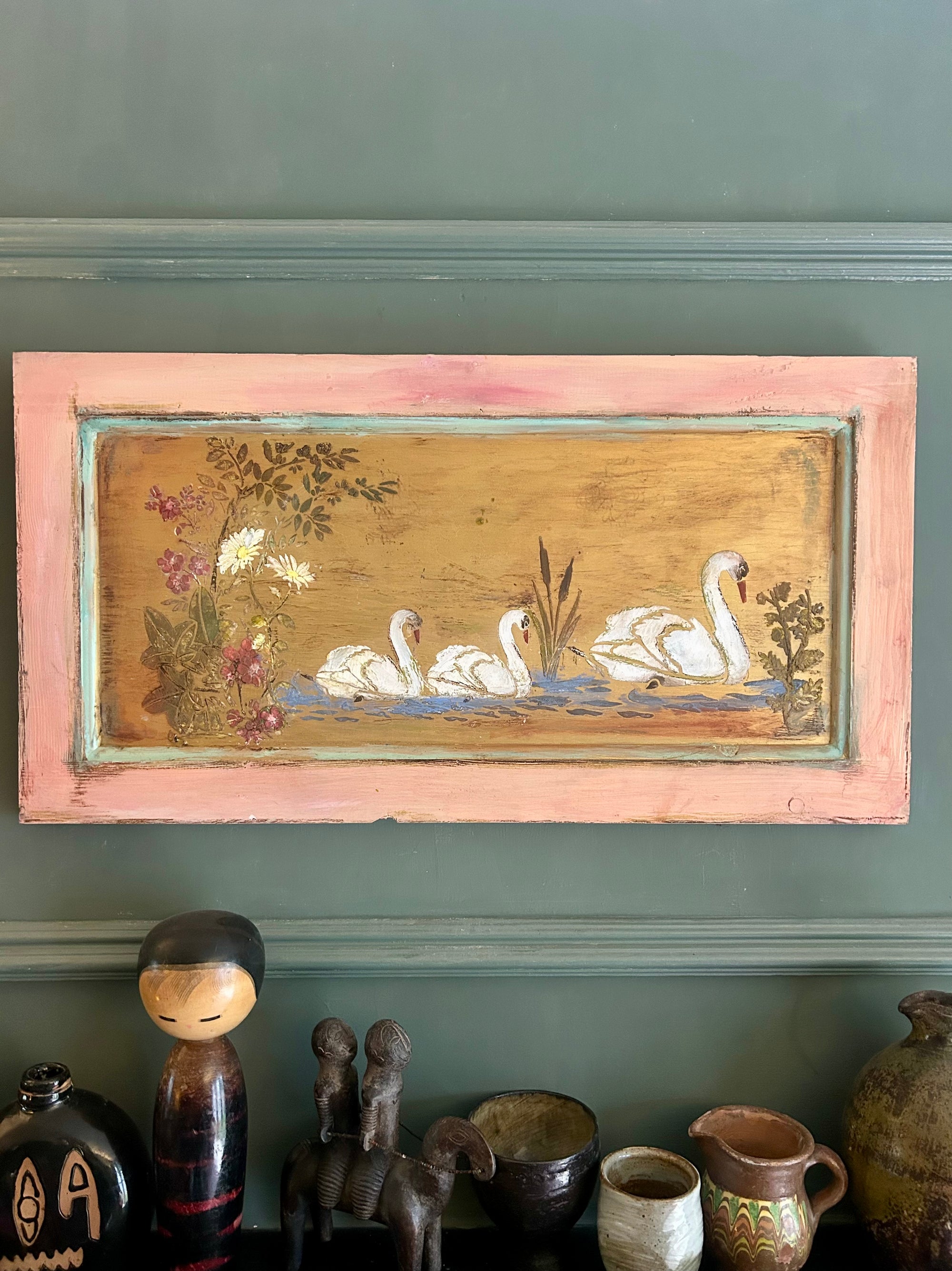Reclaimed Door Wallhanging with Swan Chinoiserie