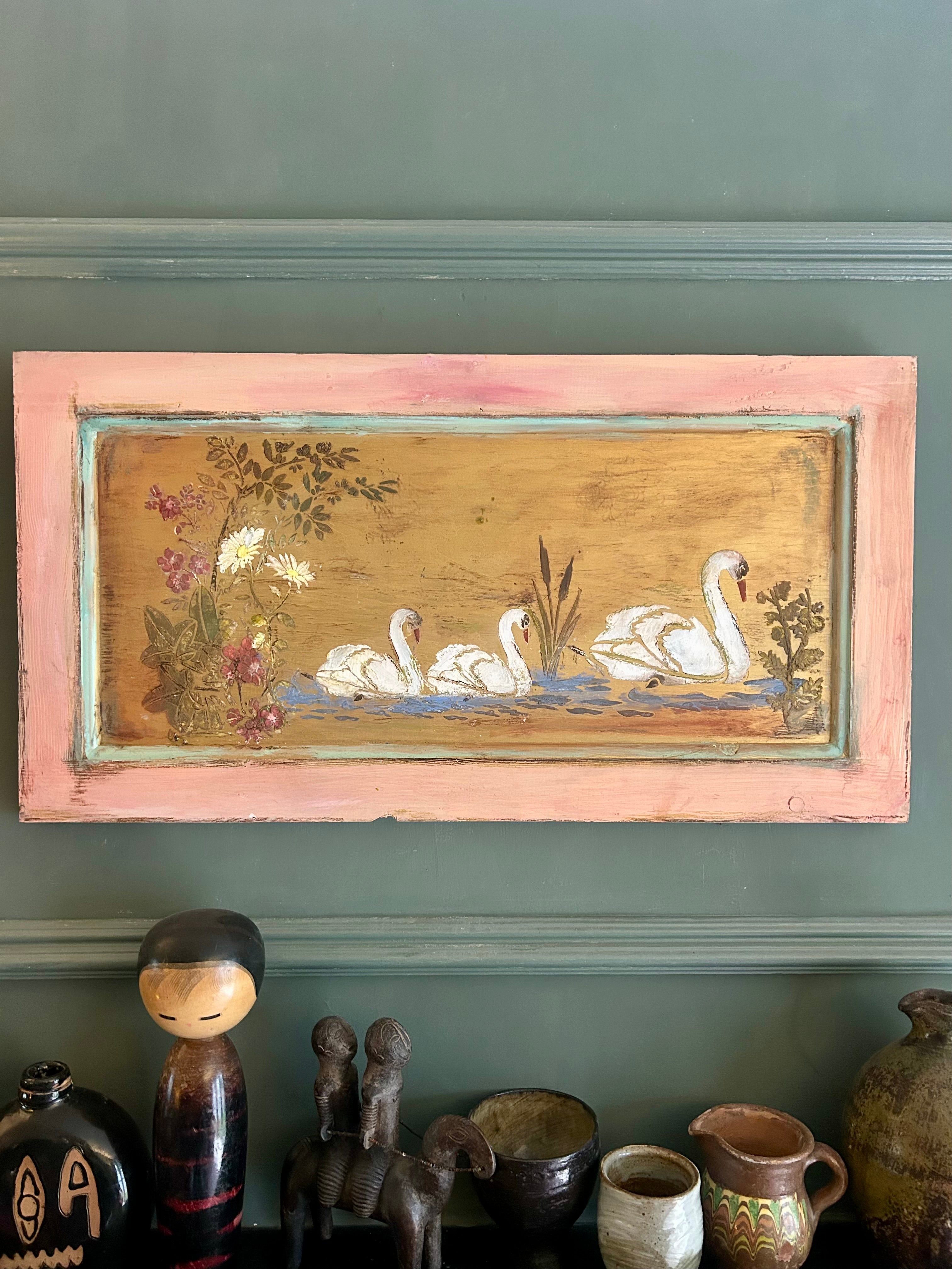 Reclaimed Door Wallhanging with Swan Chinoiserie