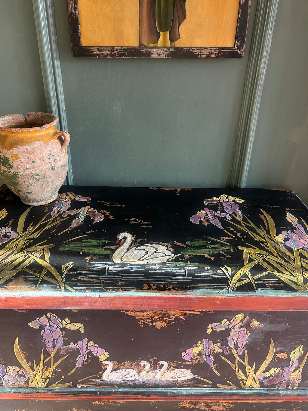 Vintage Painted Blanket Box with Swan Chinoiserie