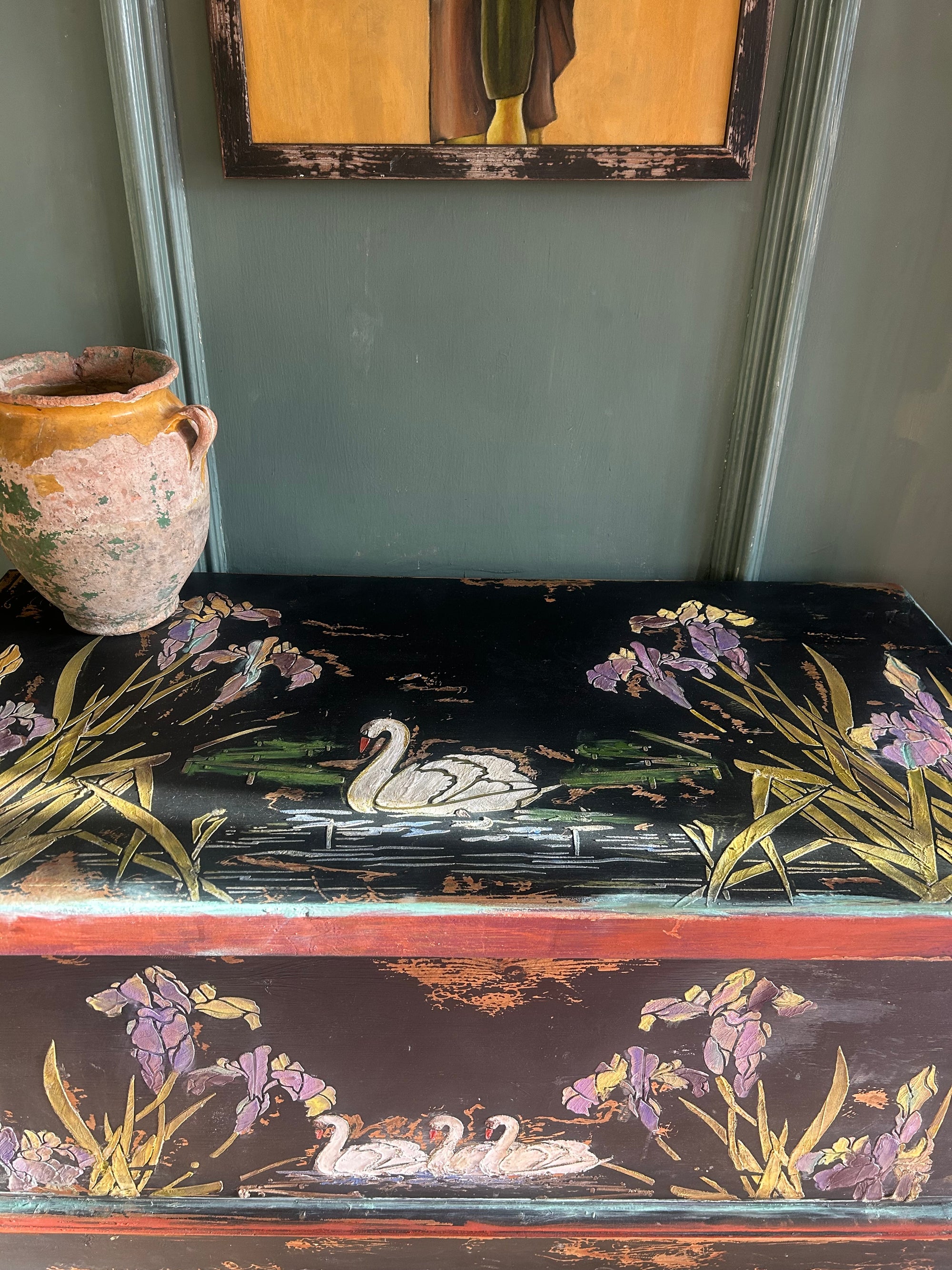Vintage Painted Blanket Box with Swan Chinoiserie