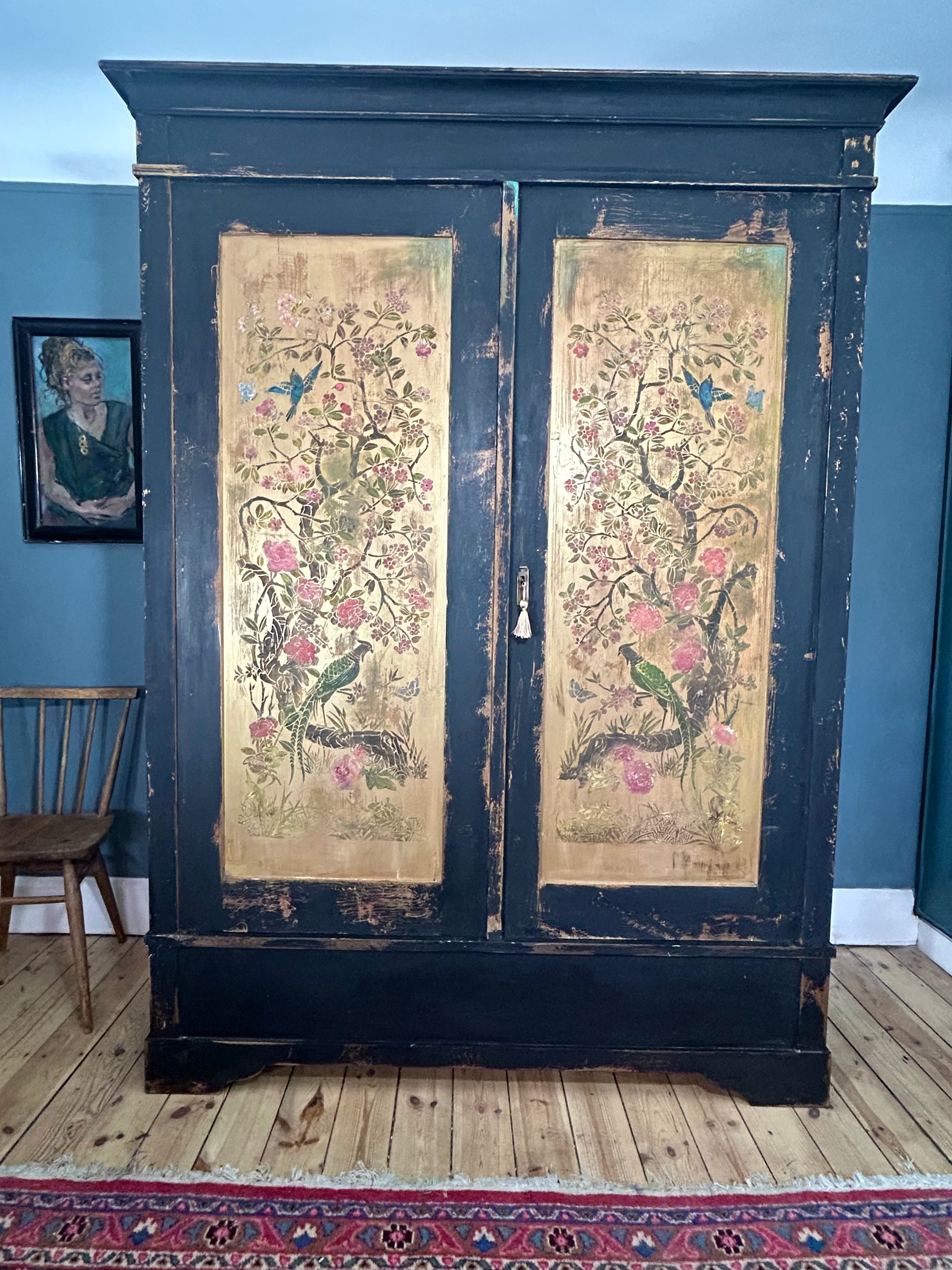 Vintage Painted Pine Double Wardrobe with Inlaid Chinoiserie