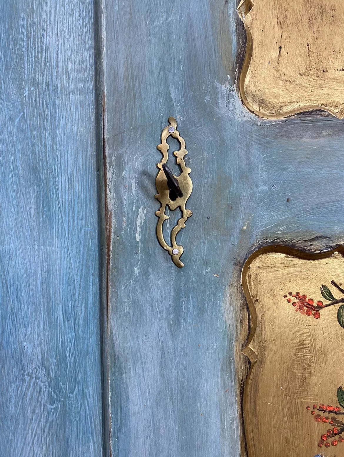Vintage Painted Pine Wardrobe with Inlaid Bird Chinoiserie
