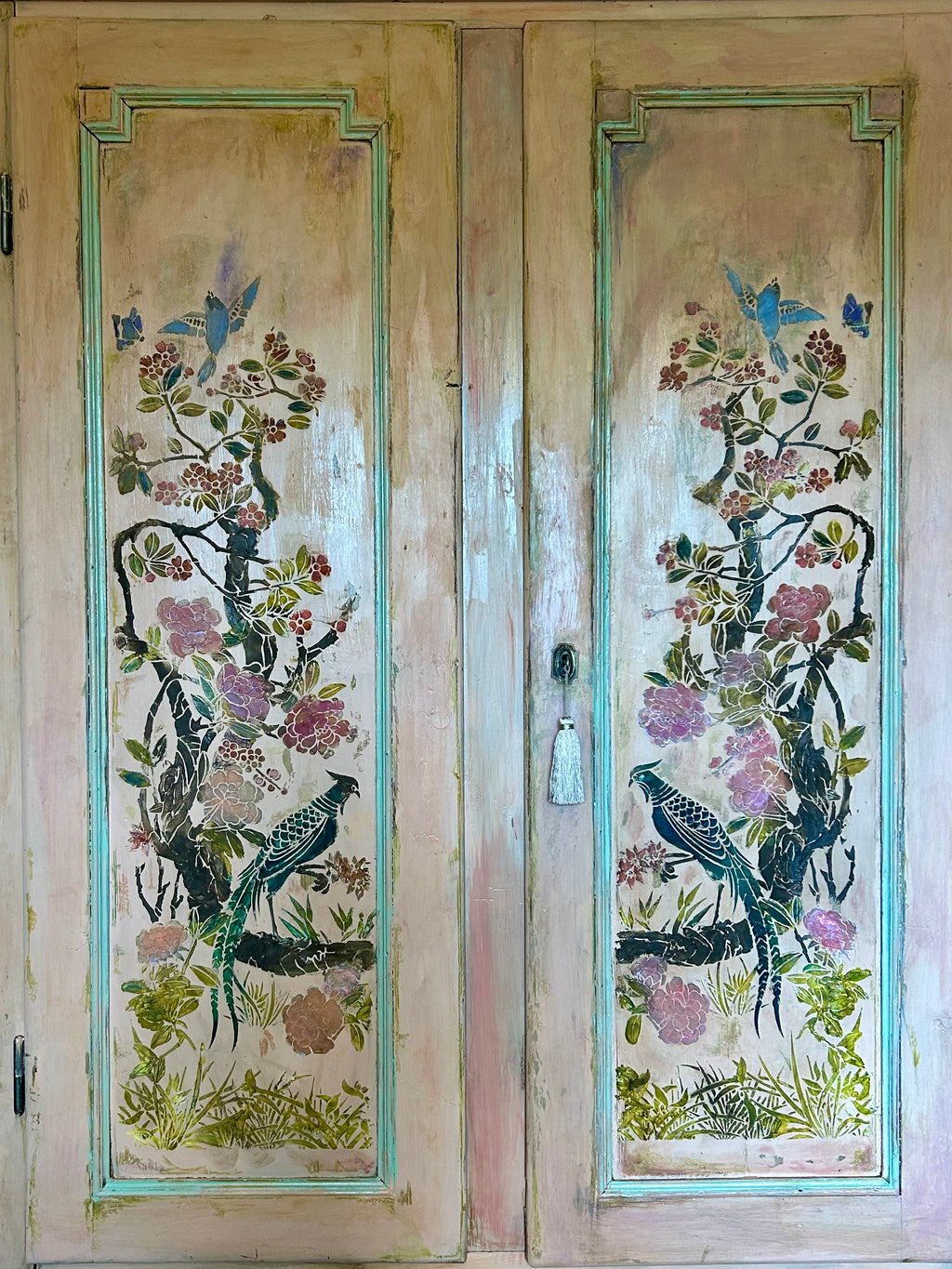 Vintage Painted Pine Wardrobe with Inlaid Chinoiserie