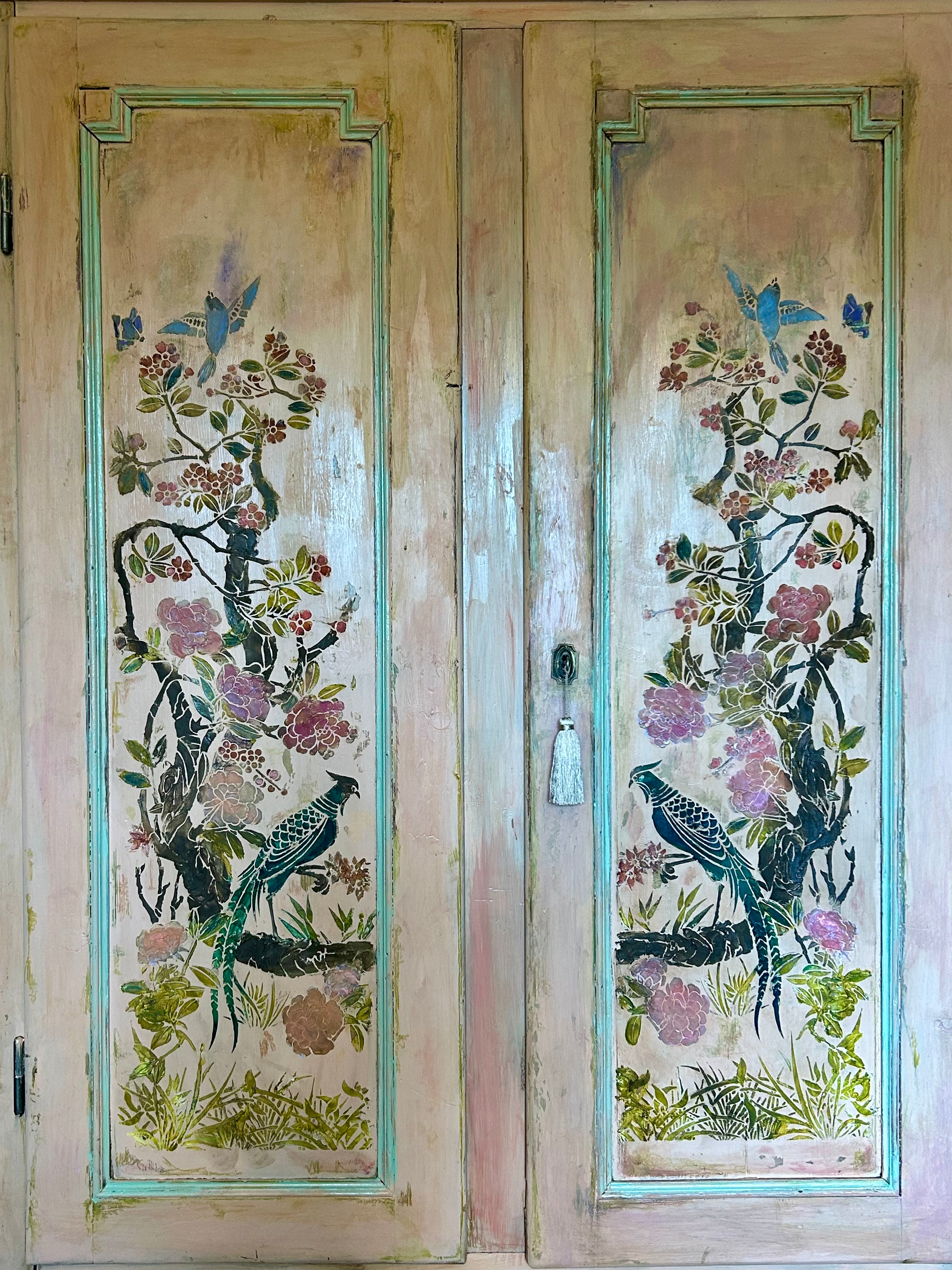 Vintage Painted Pine Wardrobe with Inlaid Chinoiserie