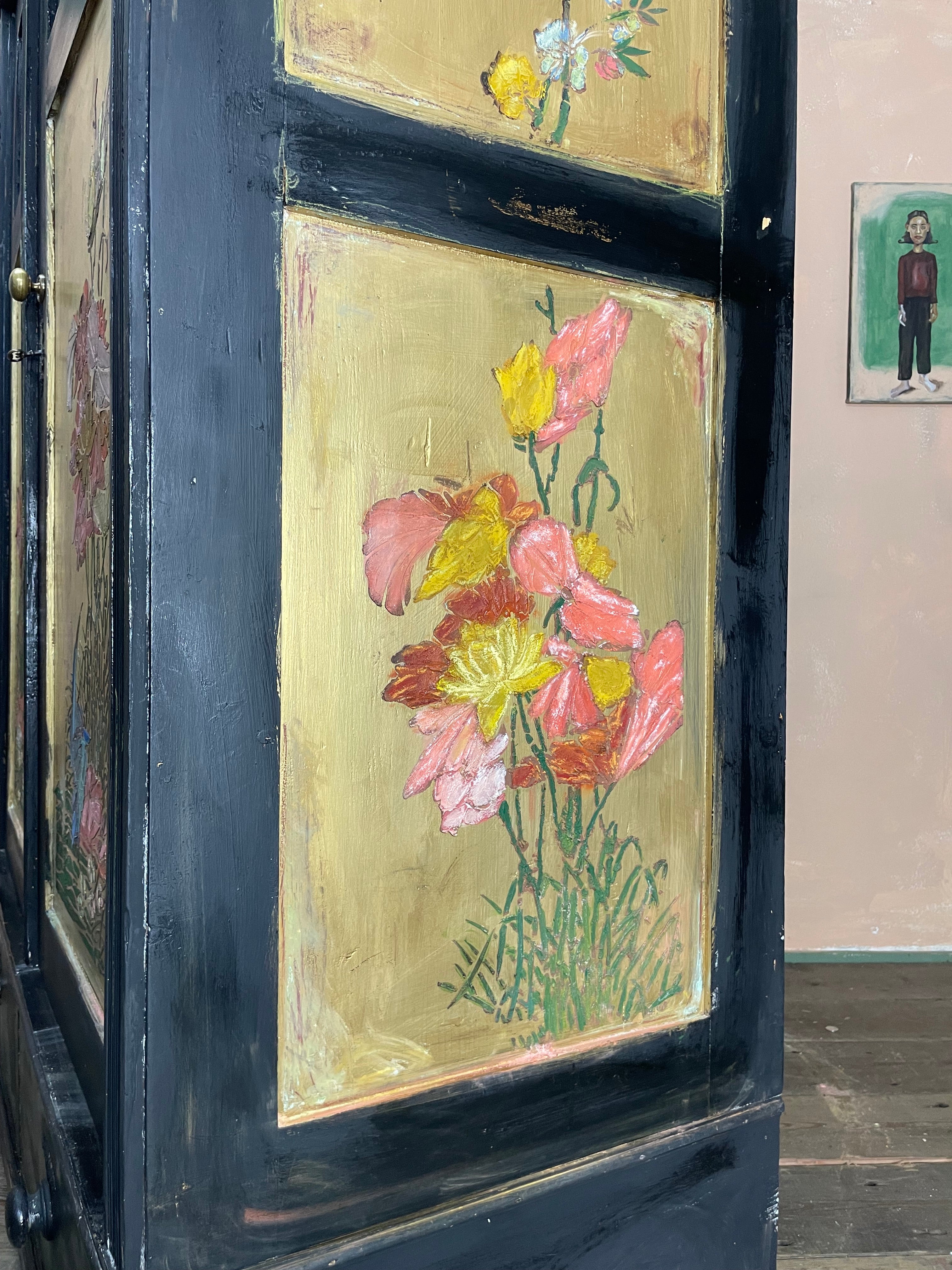 Vintage Painted Pine Knockdown Wardrobe with Inlaid Design