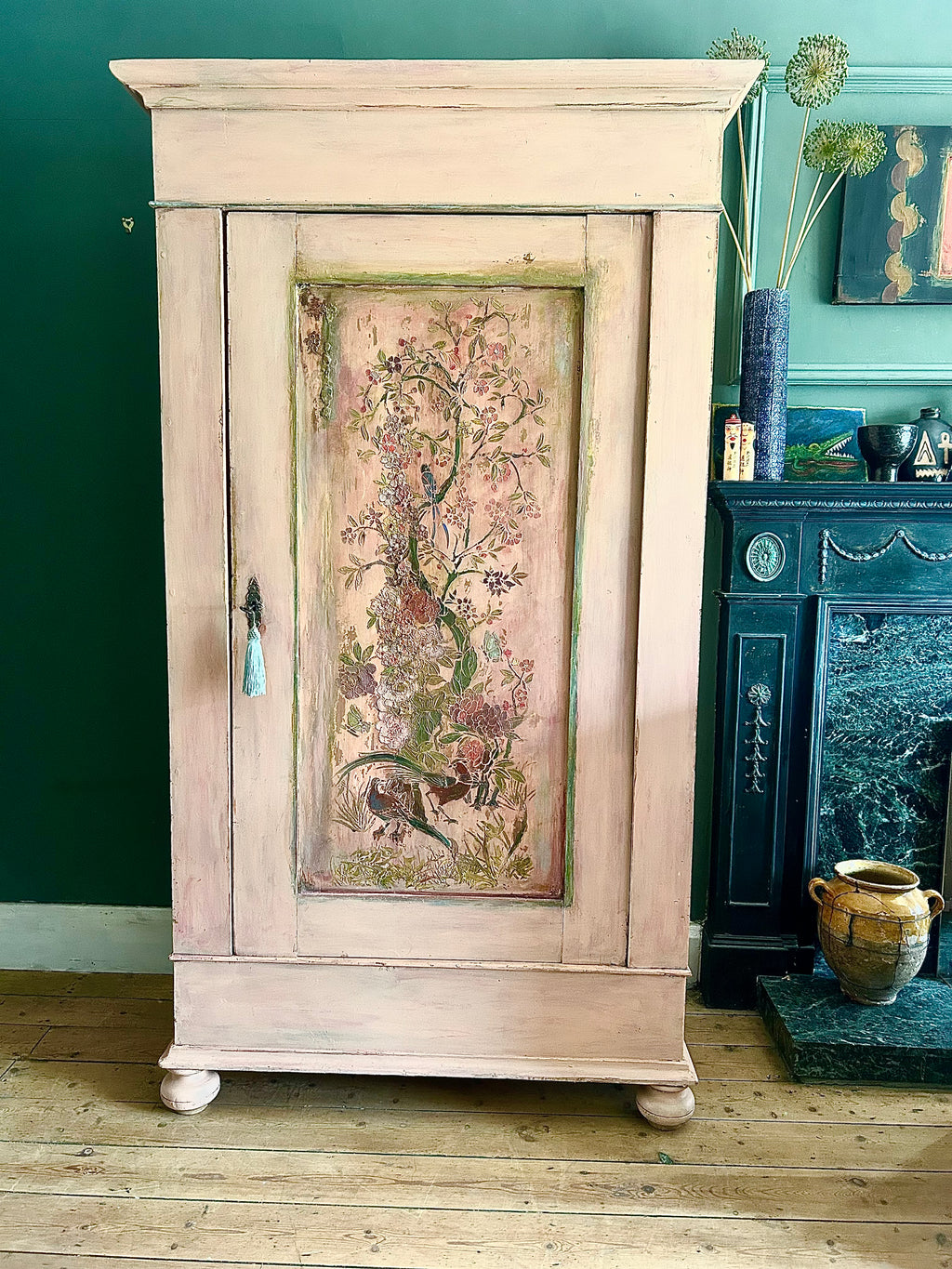Vintage Painted Cupboard/Armoire with Chinoiserie Panel