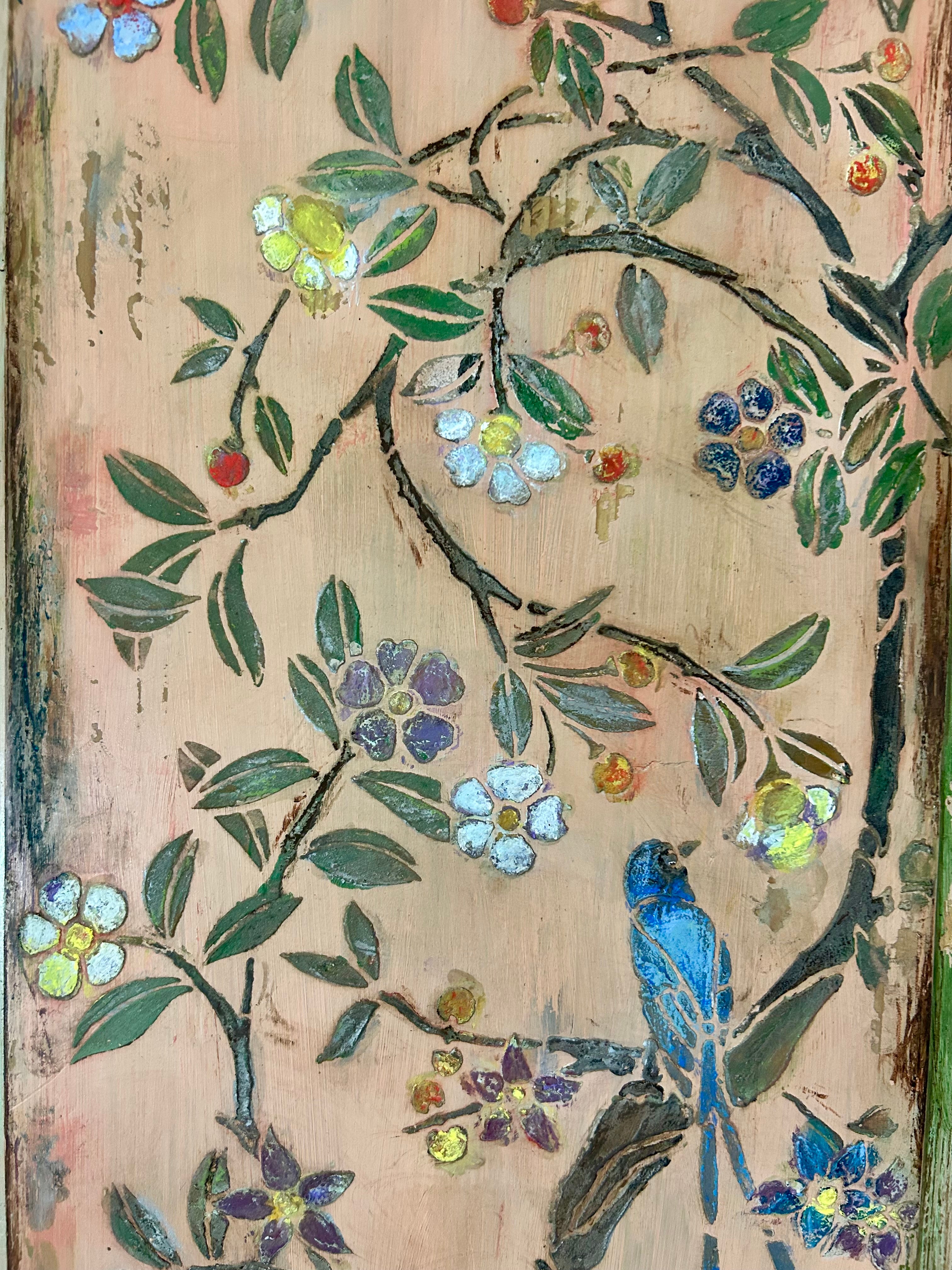 Vintage Painted Pine Large Wardrobe with Chinoiserie Panels