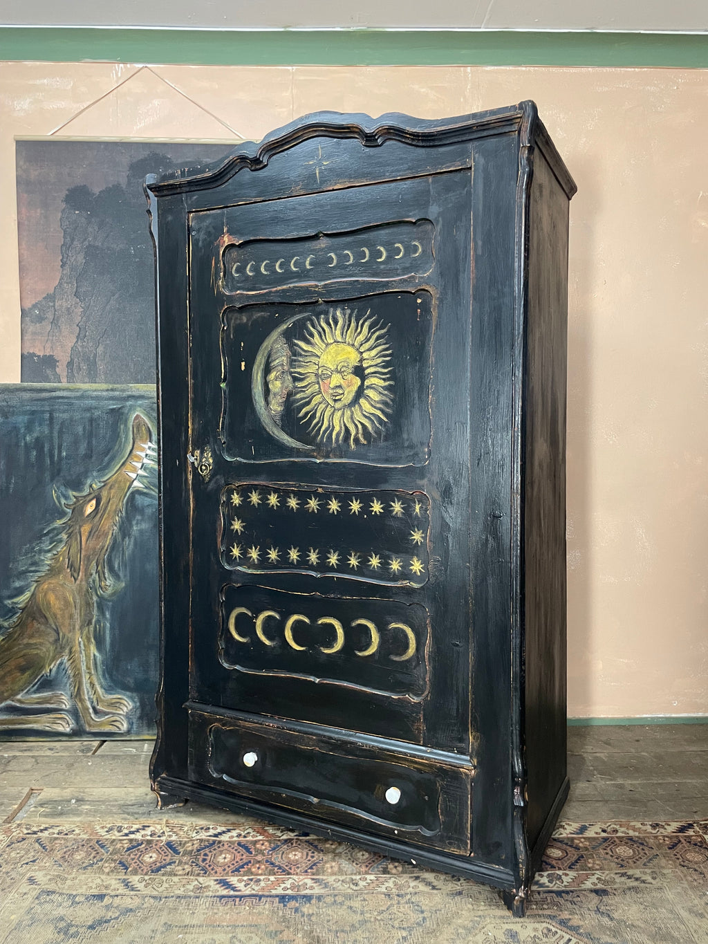 Vintage Painted Pine Folk Art Celestial Wardrobe