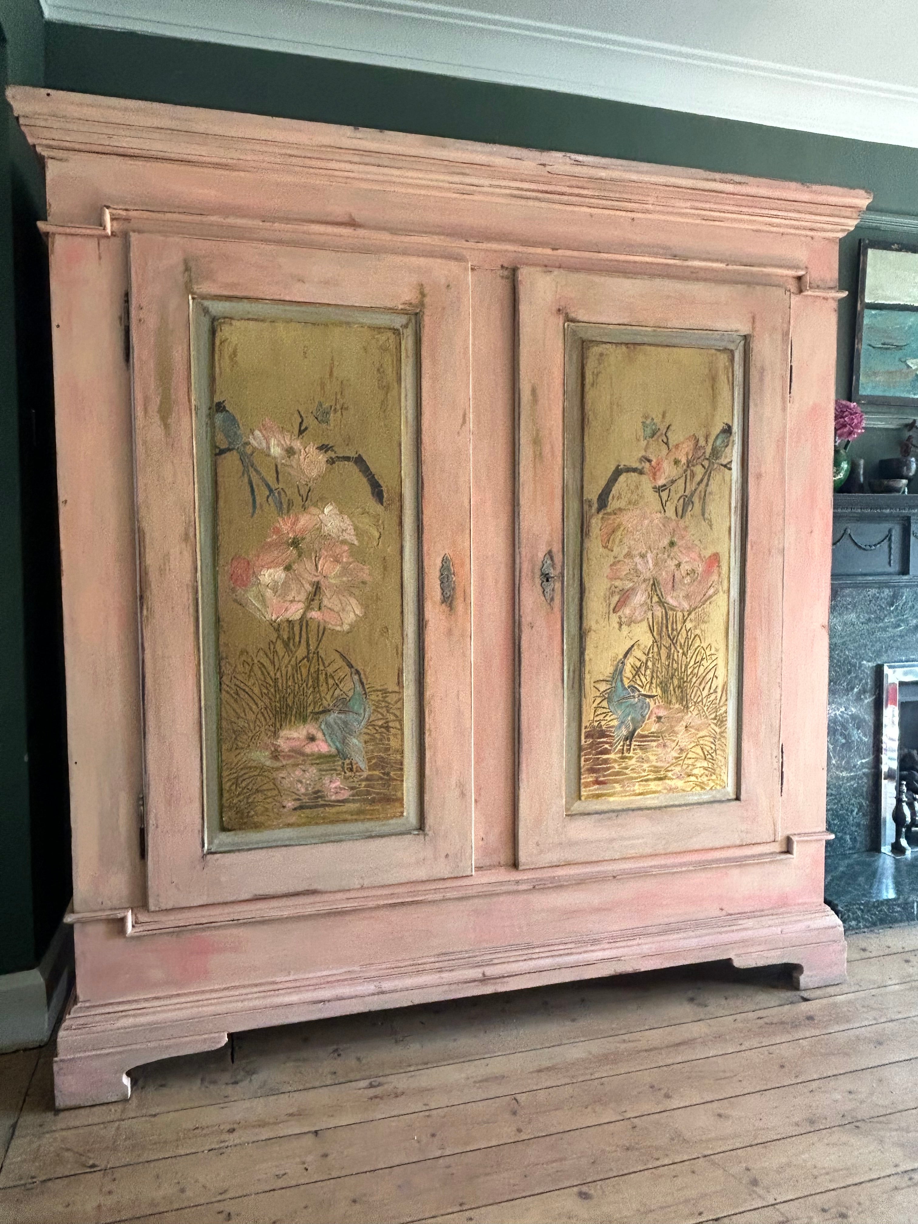 Vintage Painted Pine Large Double Wardrobe with Inlaid Chinoiserie
