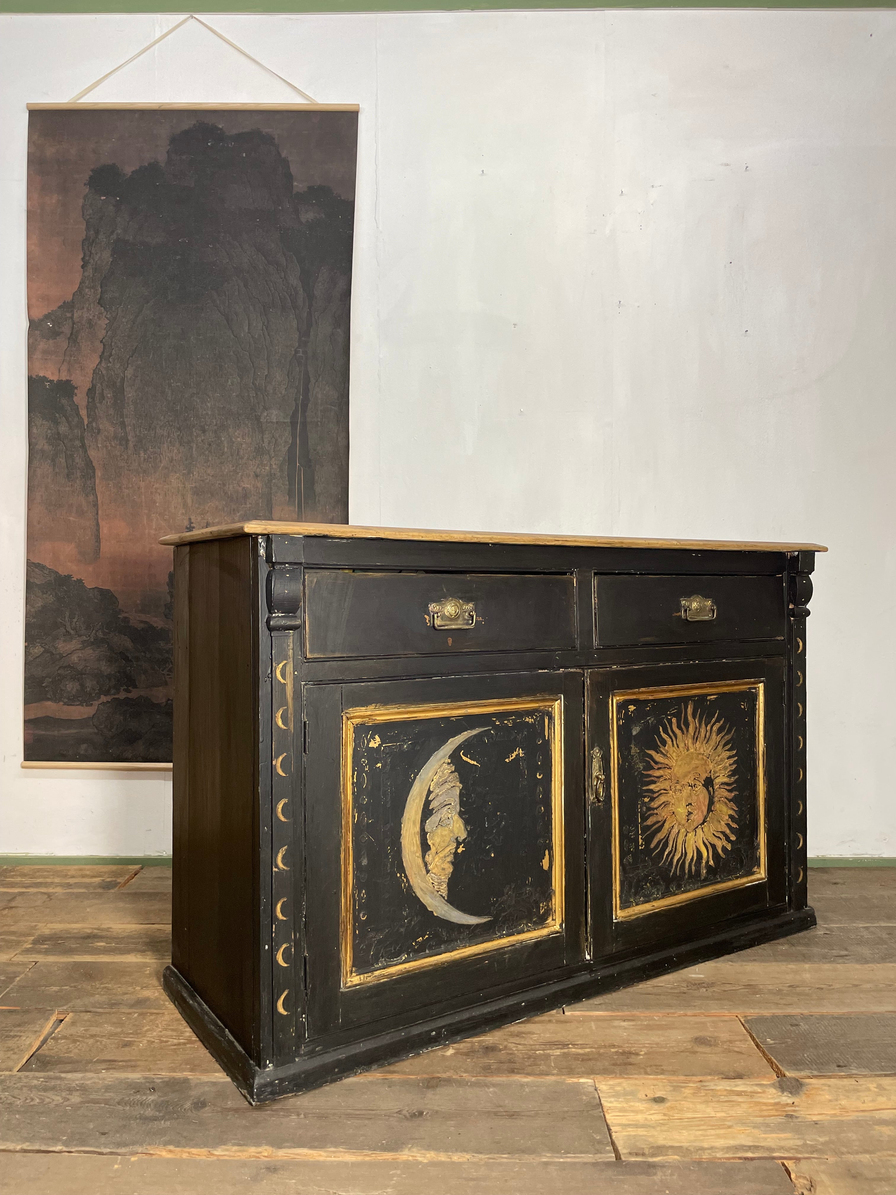 Vintage Painted Pine Sun & Moon Cupboard