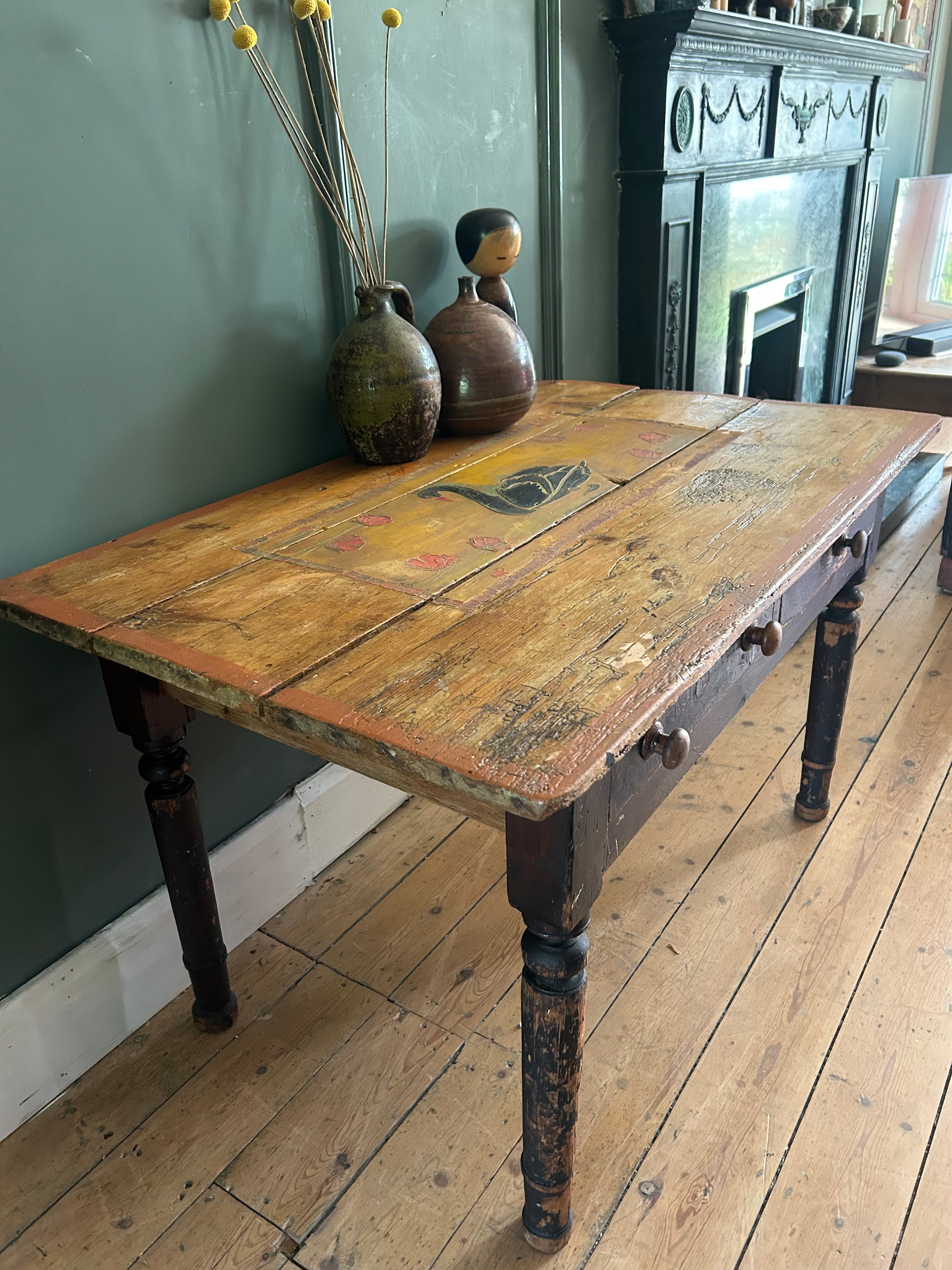 Vintage Pine console Table with Folk Art Sean Design