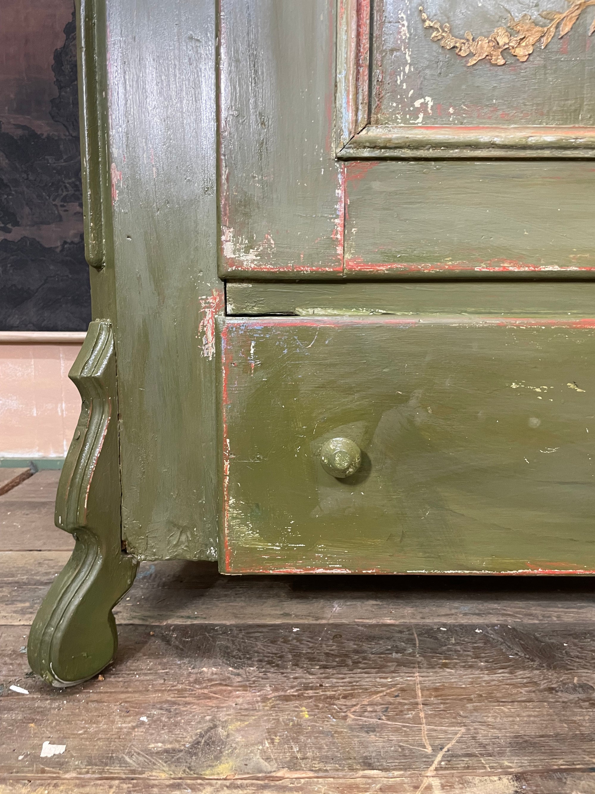 Vintage Painted Pine Wardrobe with Inlaid Boiserie Panel