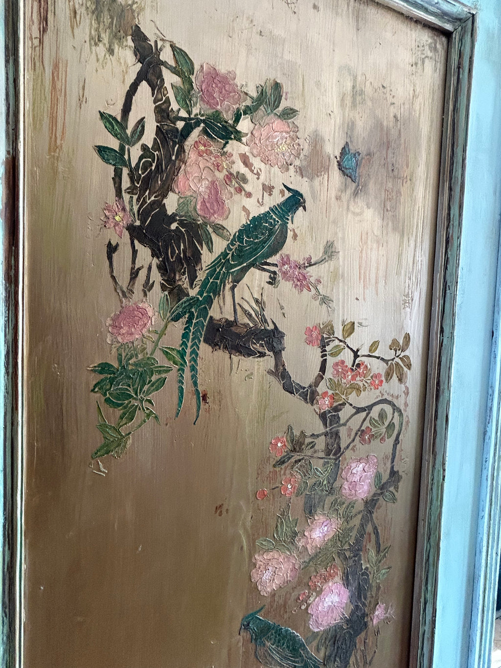 Vintage Painted Pine Armoire with Chinoiserie Panel
