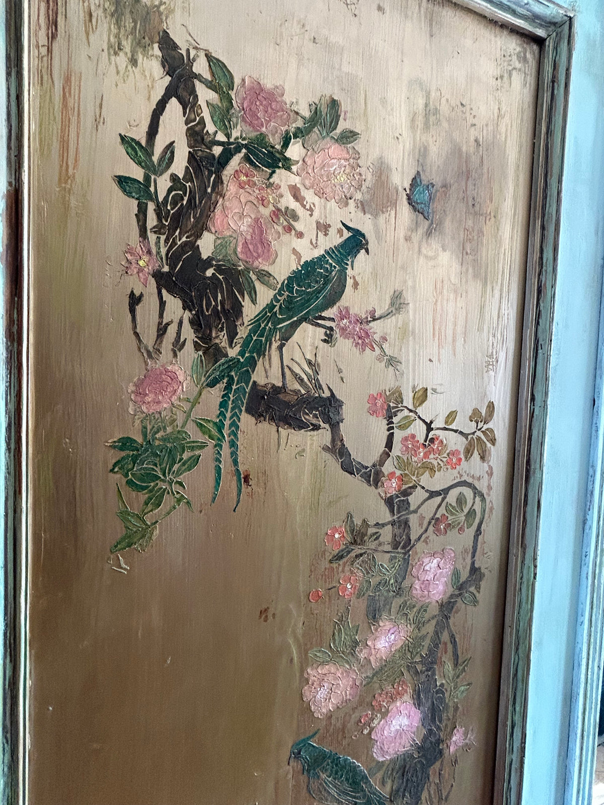 Vintage Painted Pine Armoire with Chinoiserie Panel