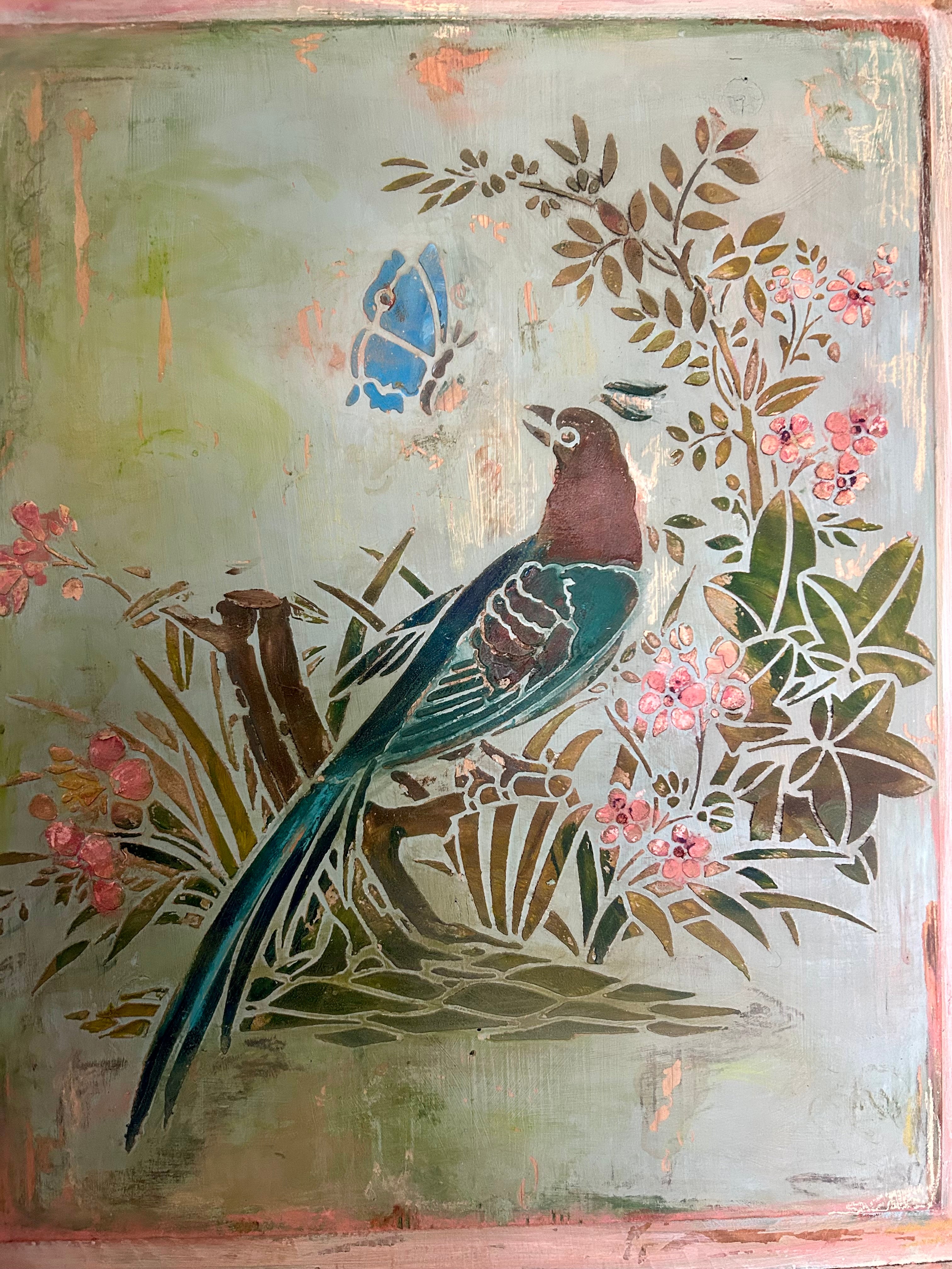 Large Vintage Painted Pine Double Wardrobe with Inlaid Chinoiserie