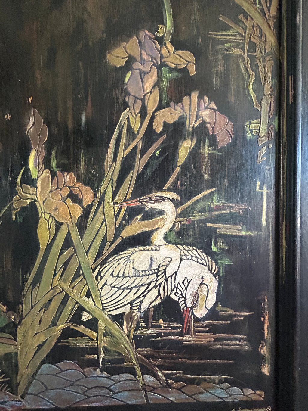 Vintage Painted Pine Armoire with Chinoiserie Panels