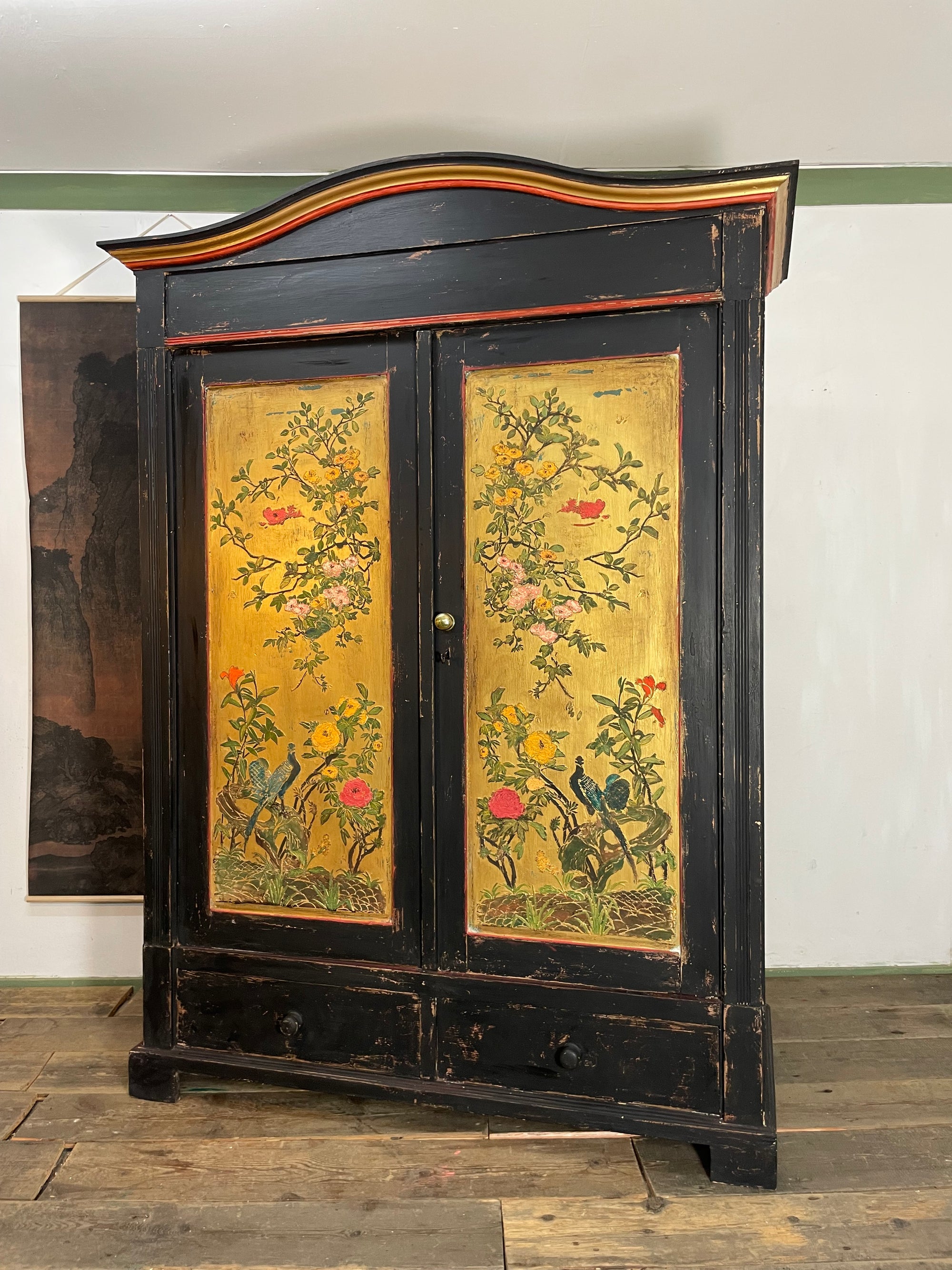 Vintage Knockdown Double Painted Wardrobe with Chinoiserie Panels