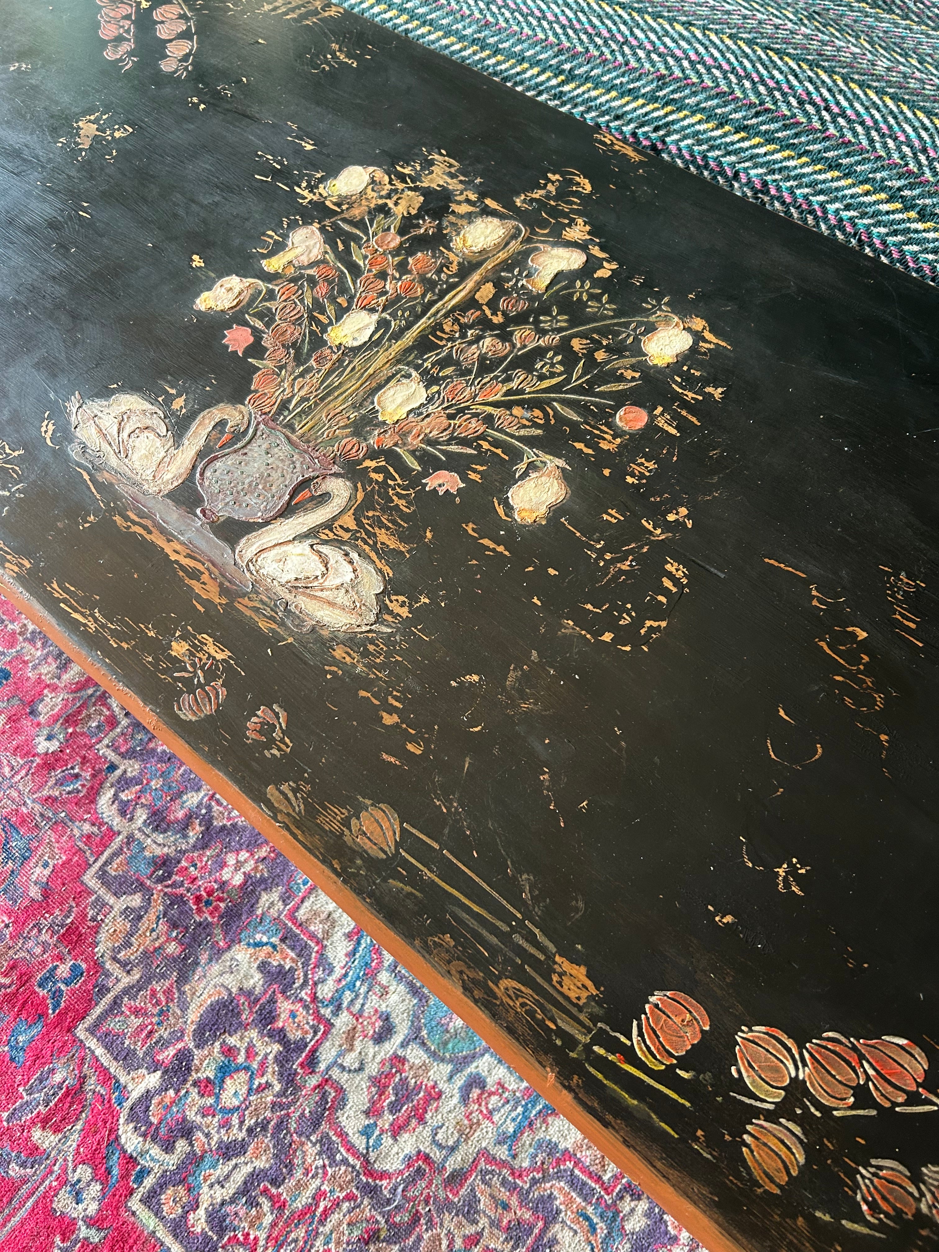 Vintage Painted Coffee Table with Folk Art Design
