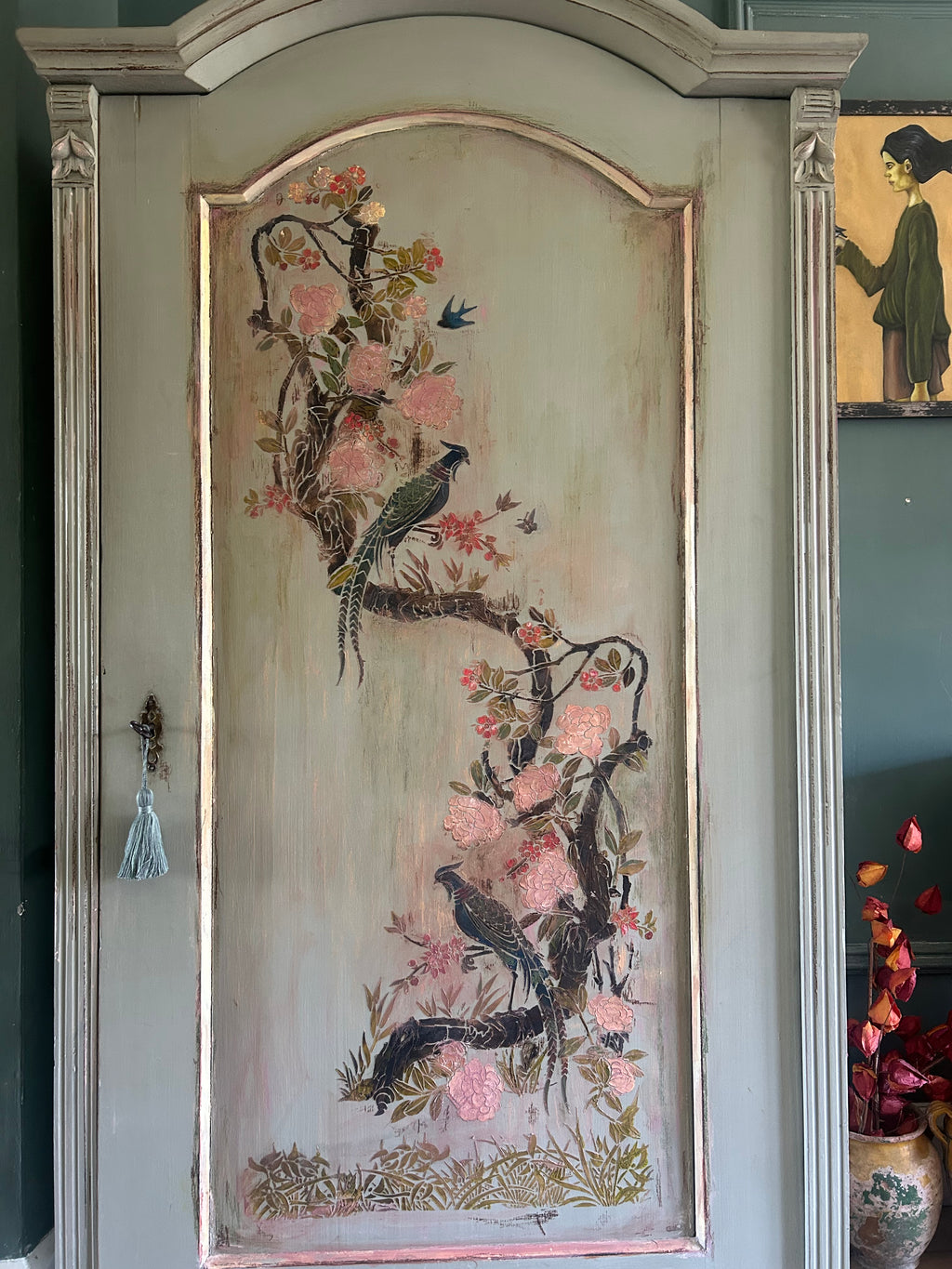 Antique Painted Pine Armoire with Chinoiserie Panel