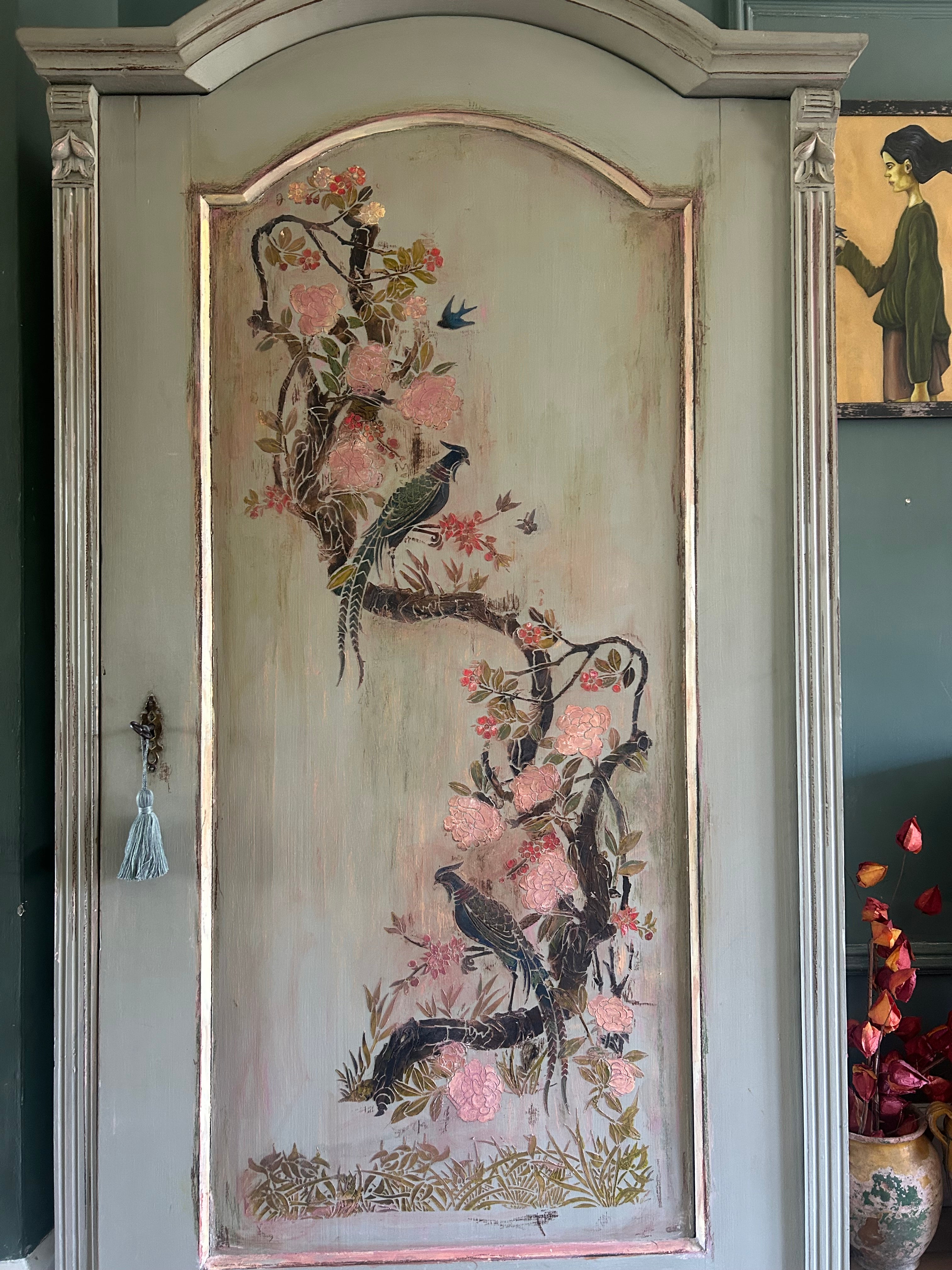 Antique Painted Pine Armoire with Chinoiserie Panel