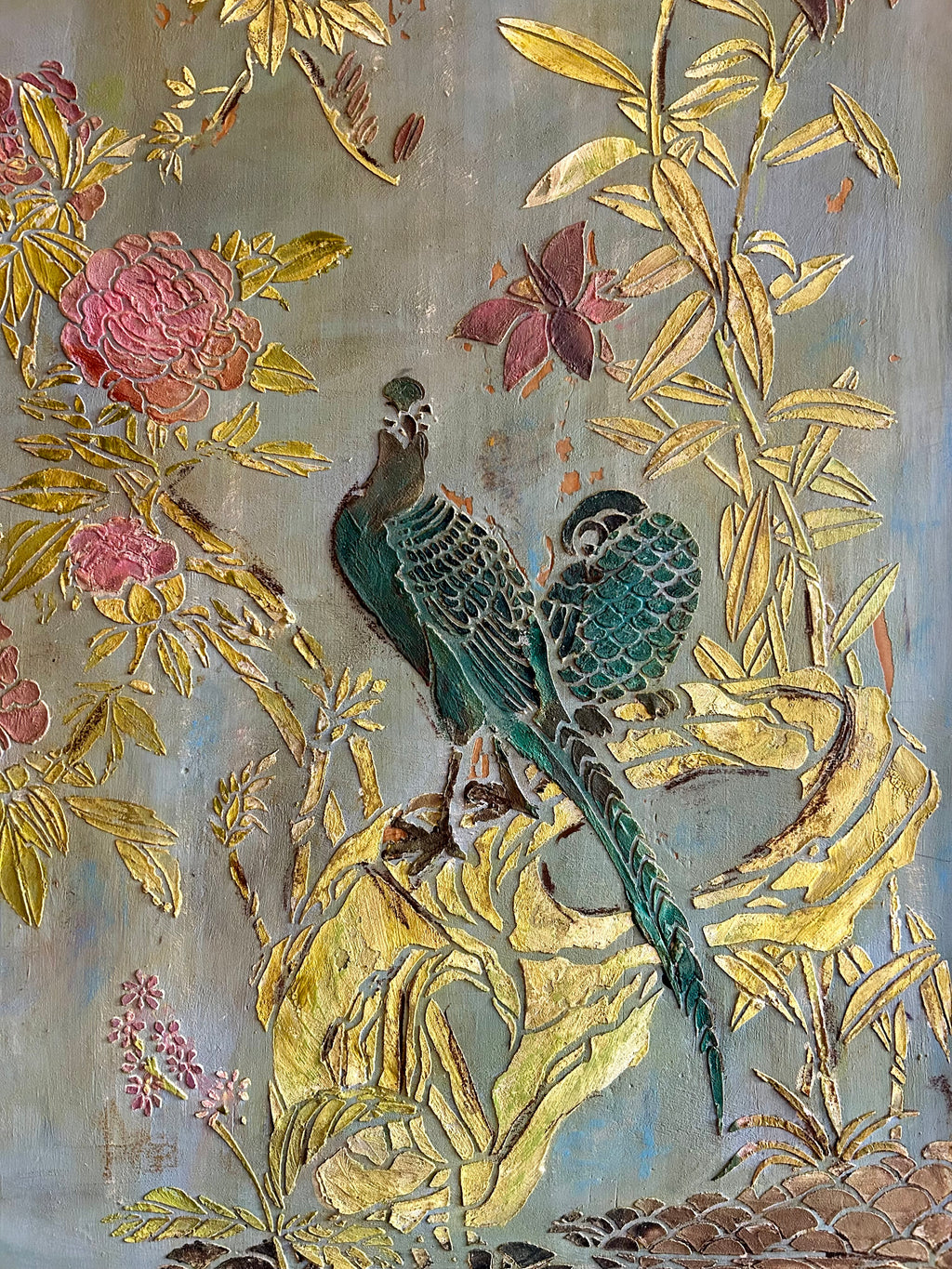 Antique Painted Armoire with Inlaid Chinoiserie