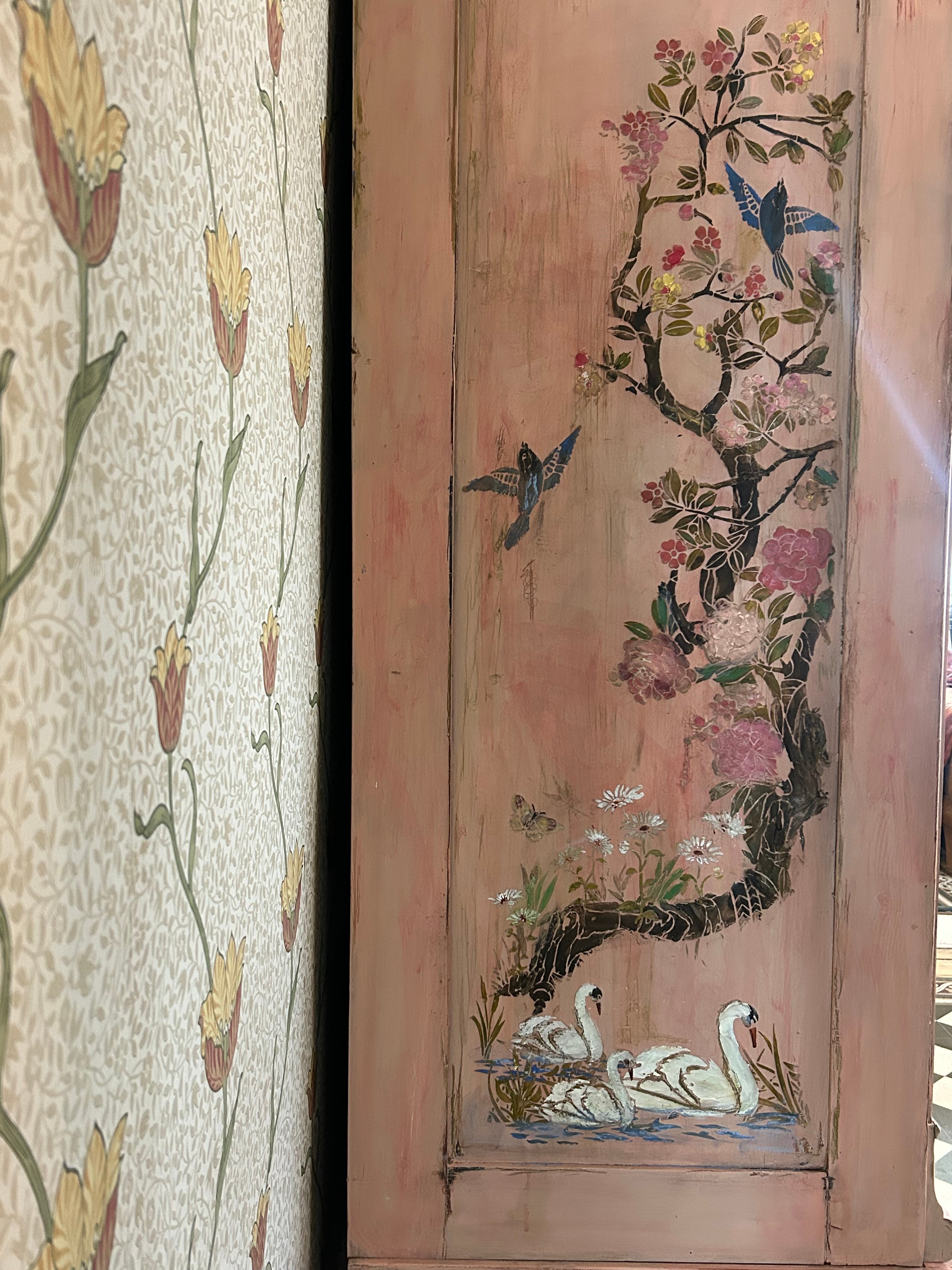 Vintage Painted French Wardrobe with Chinoiserie Panels