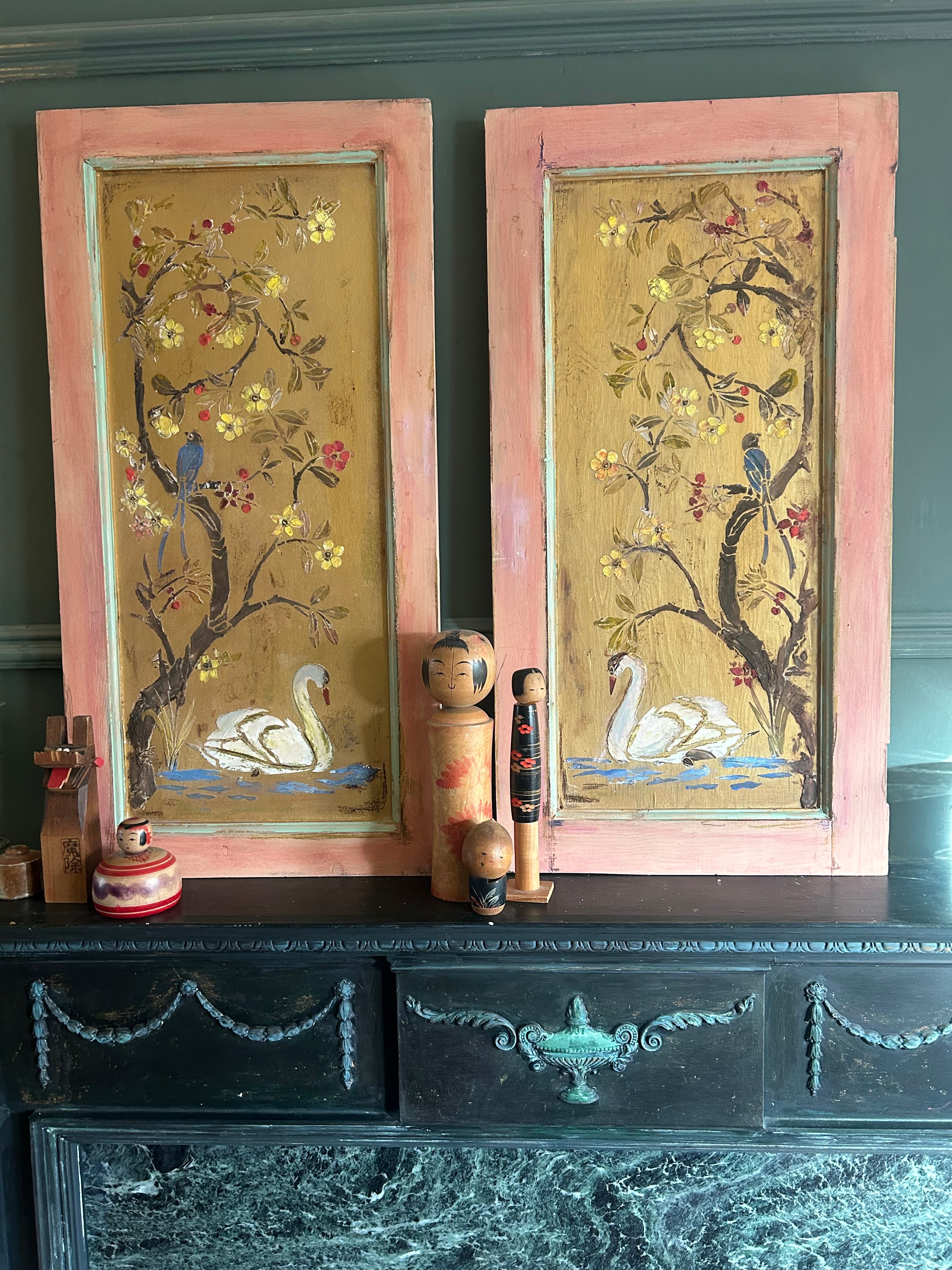 Reclaimed Door Wallhanging with Swan and Bird Chinoiserie