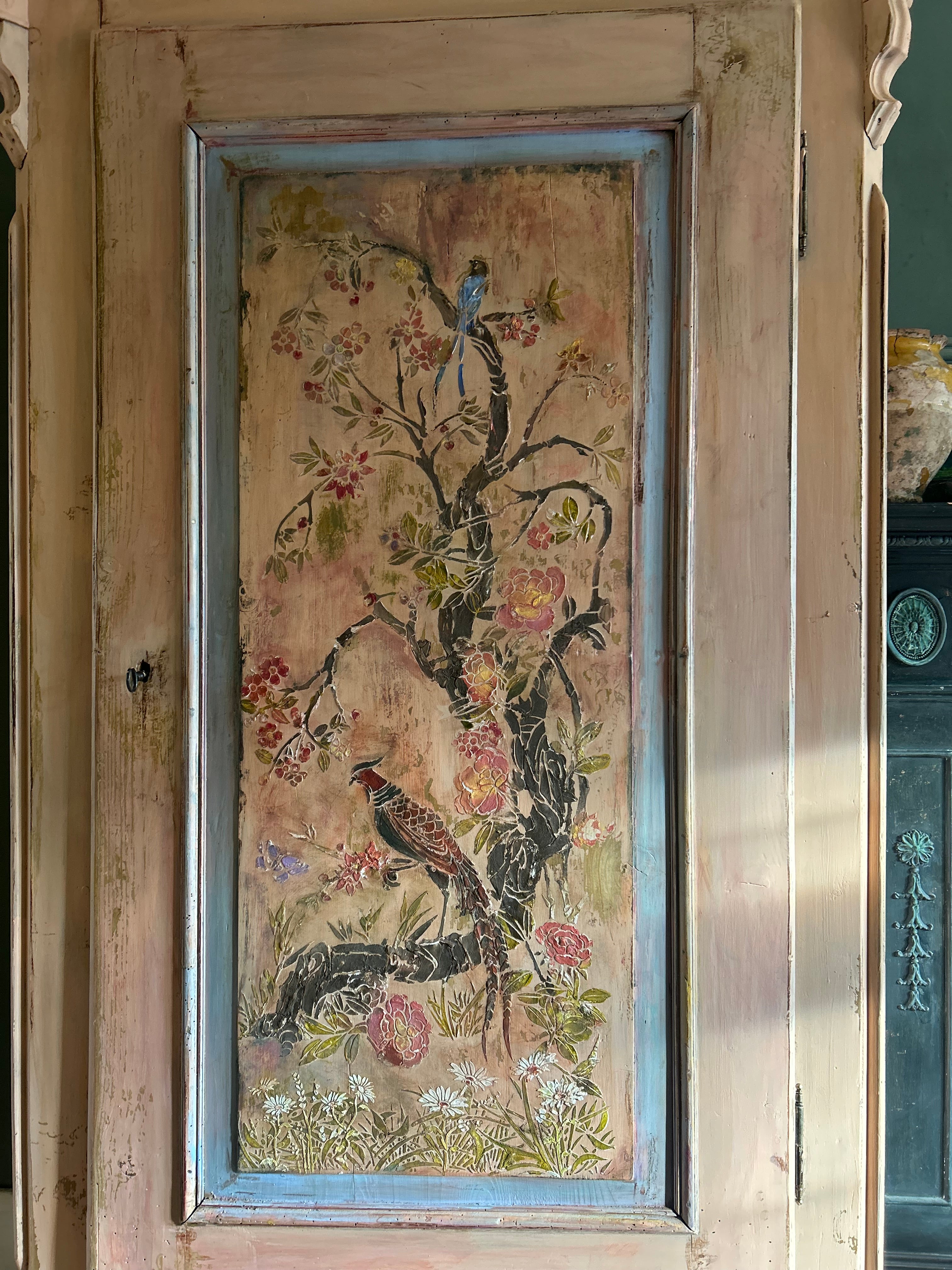 Vintage Painted Pune Armoire with Chinoiserie