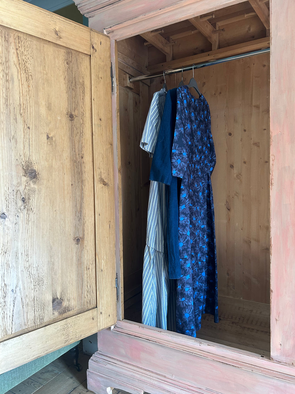 Vintage Painted Pine Large Double Wardrobe with Inlaid Chinoiserie