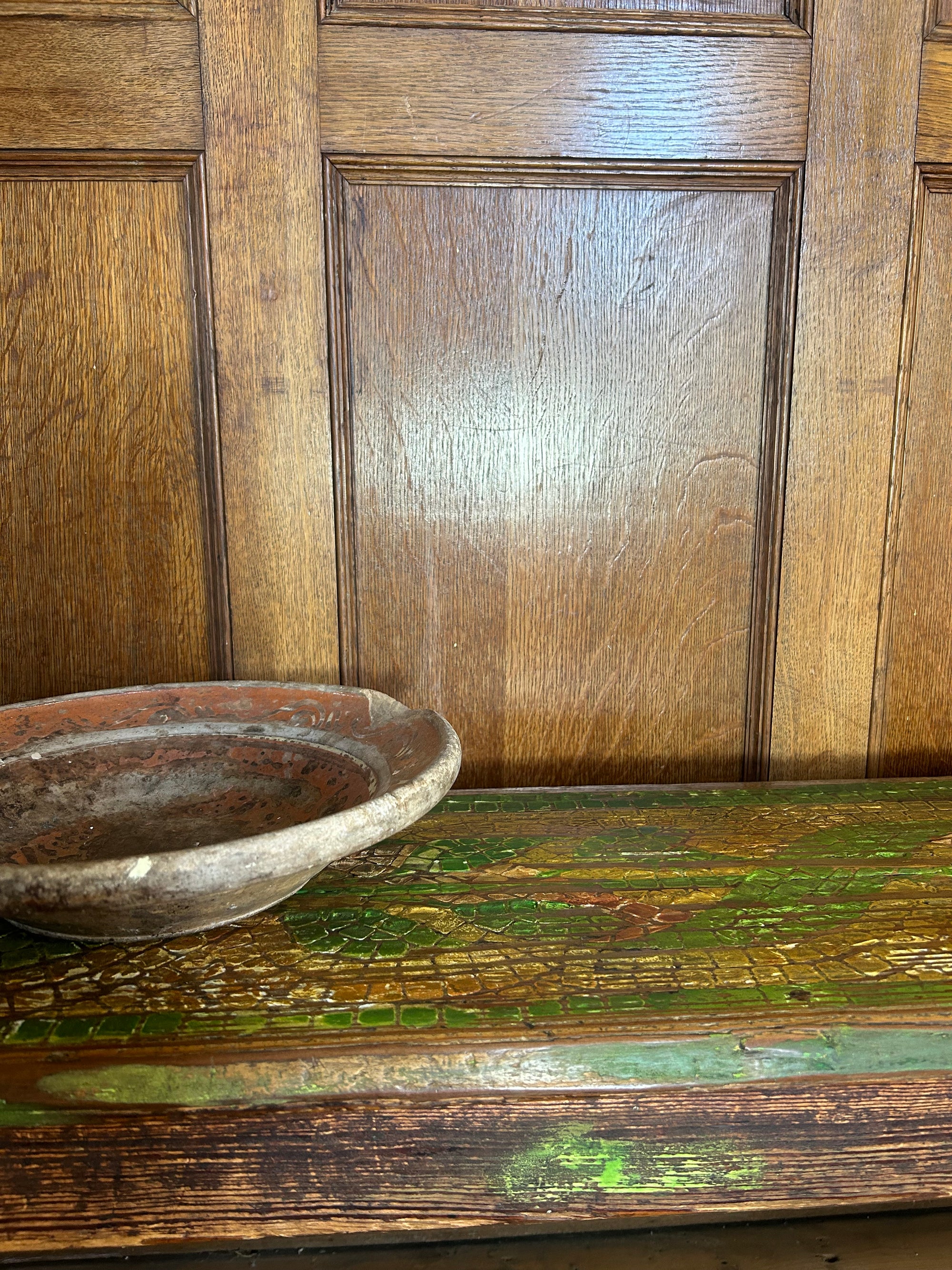 Vintage Painted Oak Bench with Inlaid Design