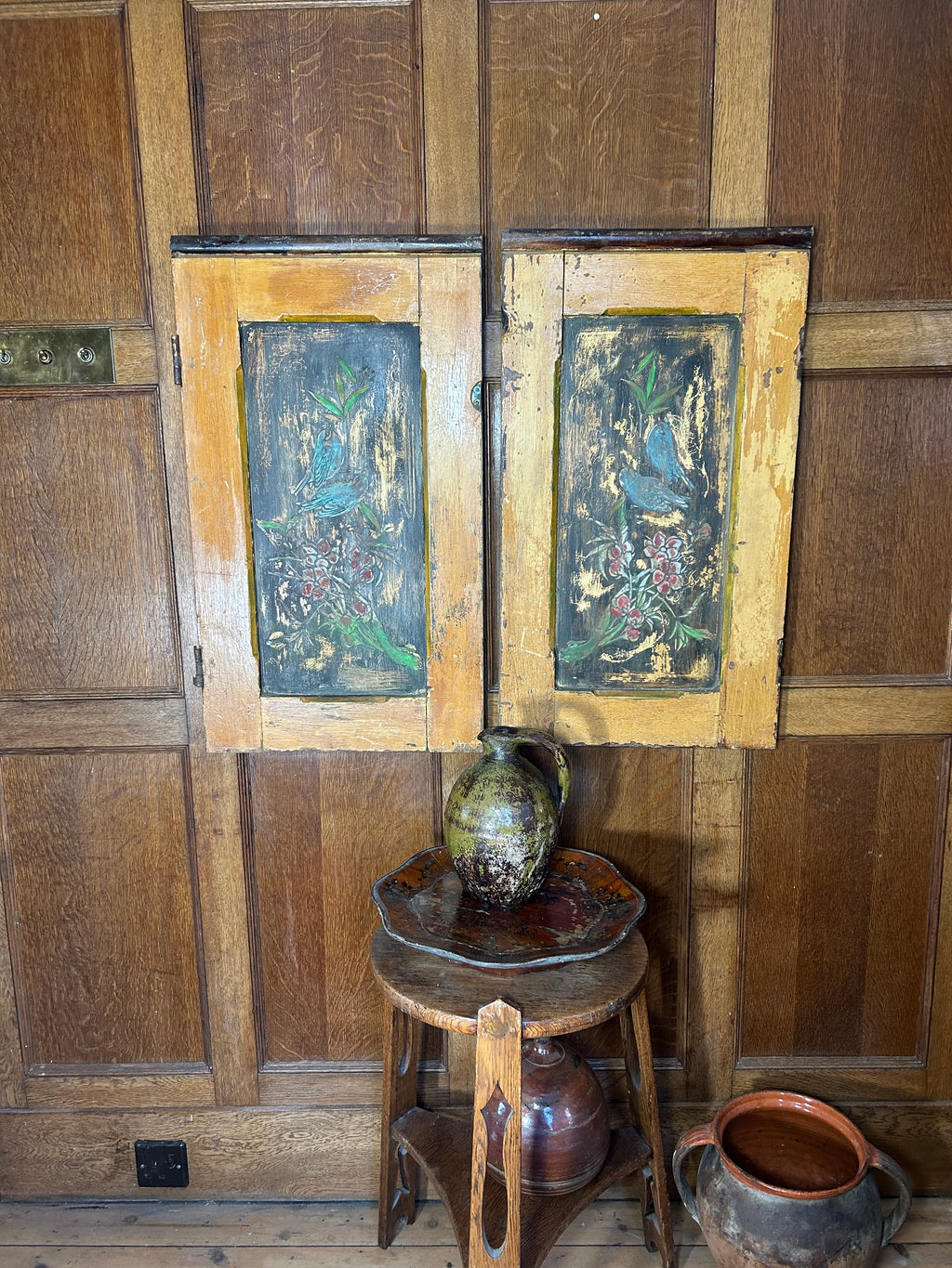 Pair of Reclaimed Door Wallhangings with Inlaid Bird Design