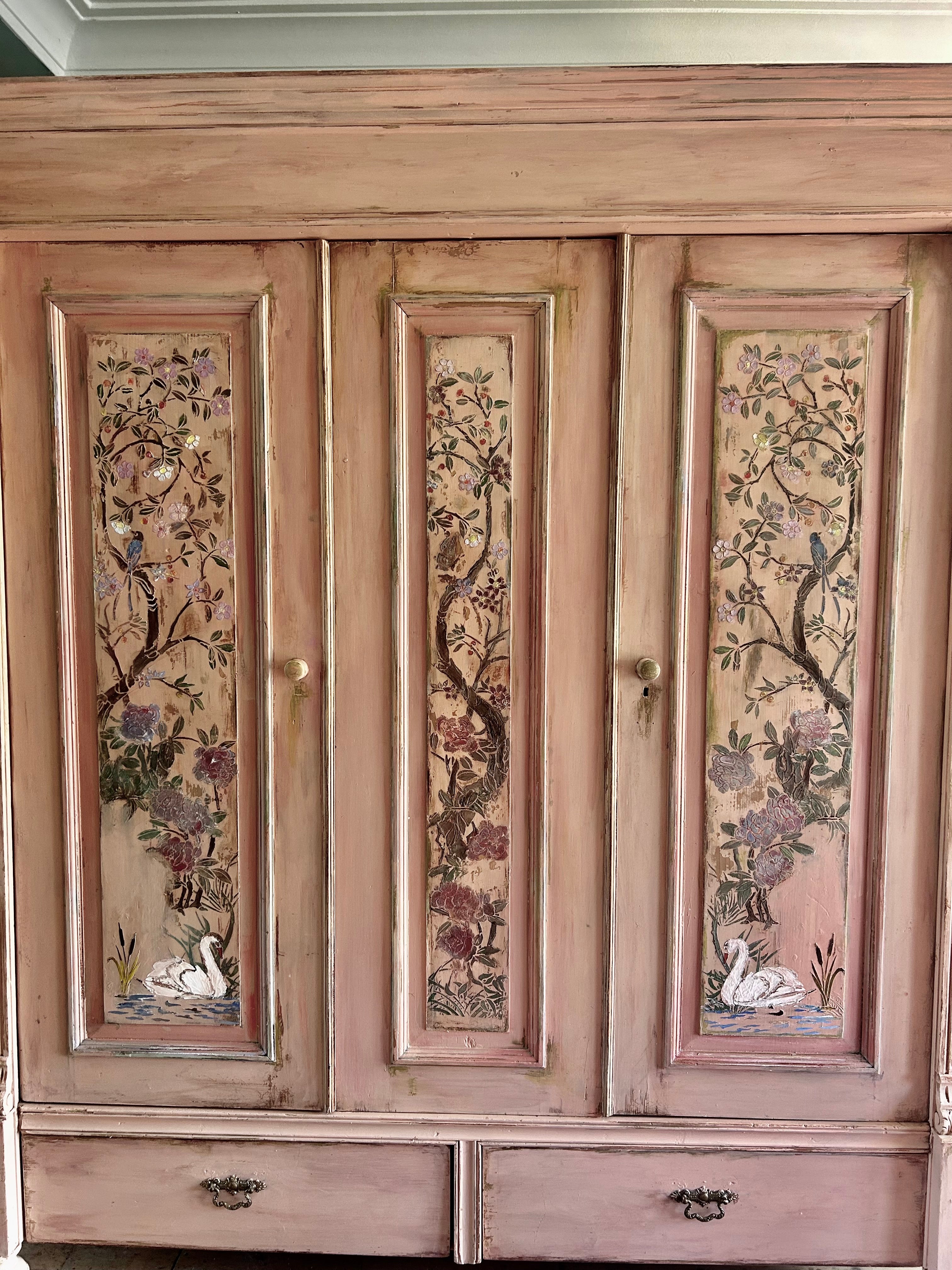 Painted Pine Triple wardrobe with Chinoiserie Panels